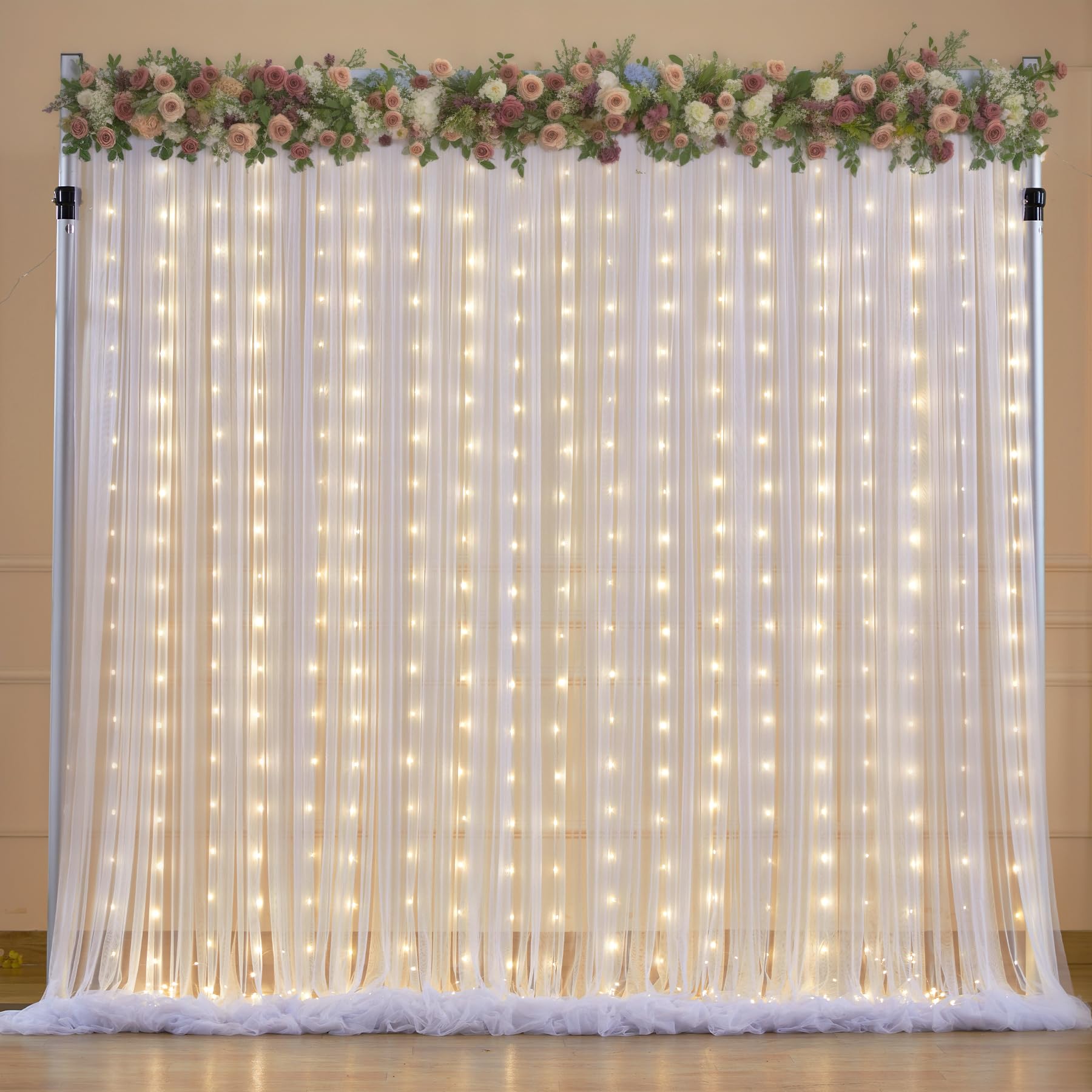 12,2 x 3 m weißer Tüll-Hintergrundvorhang mit Lichterschnur für Hochzeit, Brautparty, Dekorationen – faltenfreie, durchsichtige Vorhänge für Party, Babyparty, Fotohintergrund