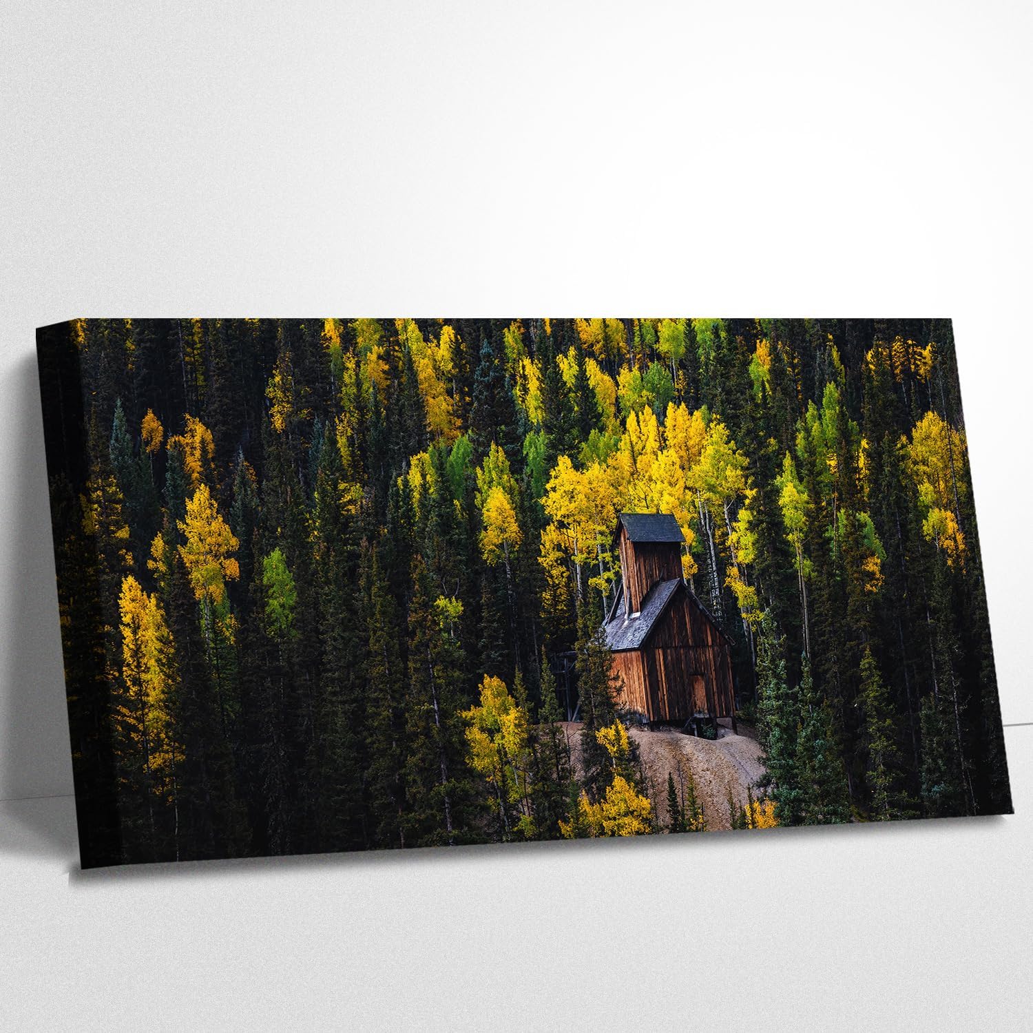 Craftline - Pine Forest Canvas Wall Art Forest Cabin Photo Nature Autumn Trees with Yellow Green Leaves Landscape Picture Modern Poster Framed Artwork for Living Room Office Bedroom Decor 32x16inch