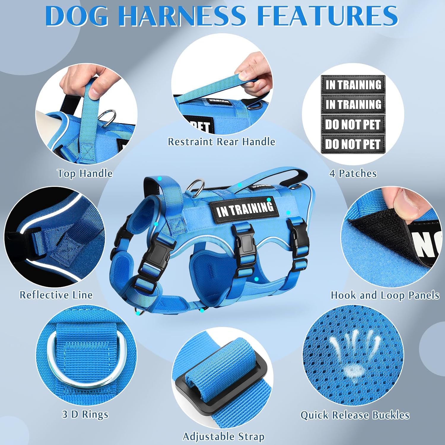 WINSEE Escape Proof Dog Harness, Service Working Molle Harness with Double Handle, Tactical Pet Vest with 4 Patches for Small Medium Large Dogs Walking Hiking Hunting