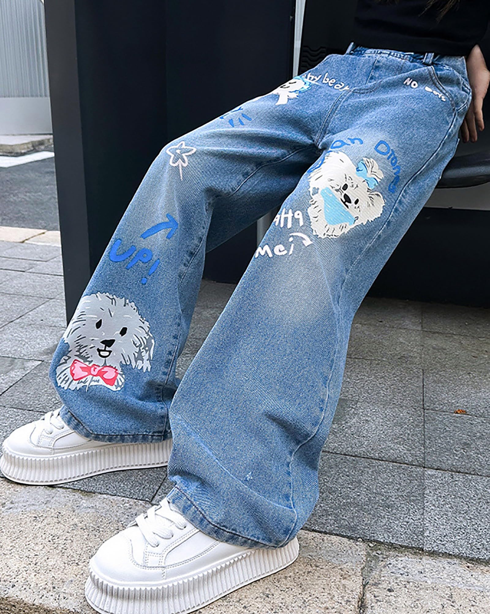 Dziewczęce dżinsy z szerokimi nogawkami, luźny krój, dżinsy, styl vintage, luźne, szerokie nogawki, streetwear z kieszeniami, elastyczny ściągacz