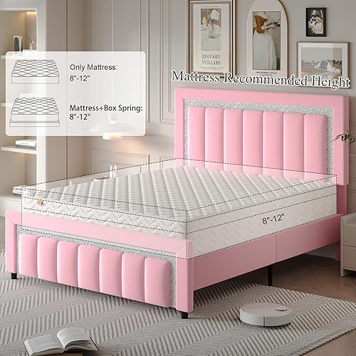 Miniatura 3 de HOMBCK Armazón de Cama Queen, Armazón de Cama Tapizada con Cabecera de Diamante, Cama Moderna de Tamaño Queen con Soporte de Listones de Madera,