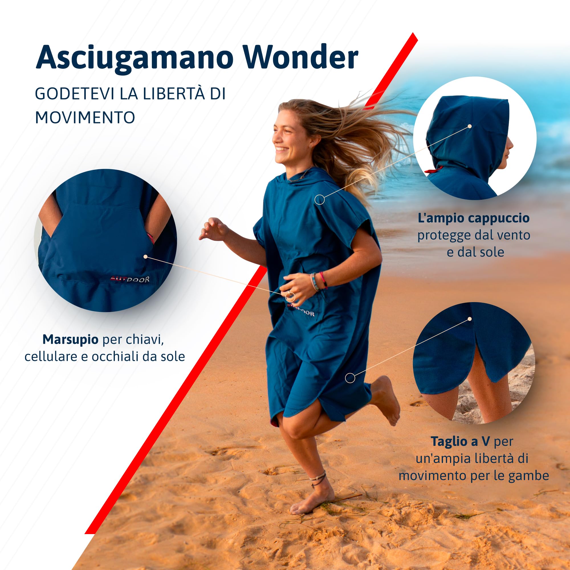 AUTDOOR® Poncho Surf – Accappatoio Microfibra Assorbente & Leggero, Perfetto per Uomo e Donna, Ideale per Spiaggia, Yoga e Sport Acquatici (Blu, Medio)