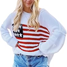 KMBANGI Women American Flag Sweater Graphic Loose Vintage Long Sleeve Crewneck Knitted Jumper Top Patriotic Pullover