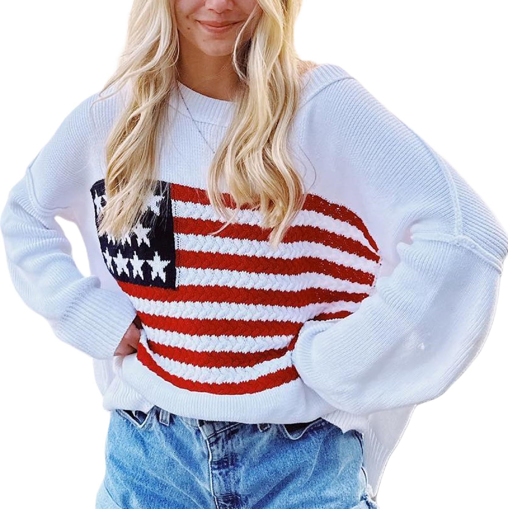 KMBANGI Women American Flag Sweater Graphic Loose Vintage Long Sleeve Crewneck Knitted Jumper Top Patriotic Pullover