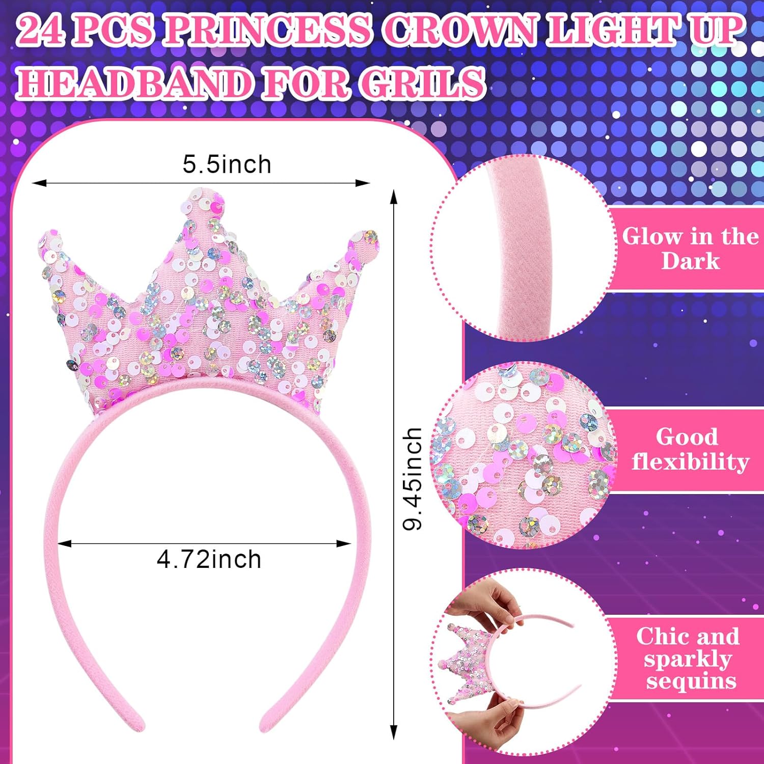 Juexica LED Princess Crown Headbands Glow Sequin Glitter Crown Headbands for Girls Women Tiara Princess Birthday Party Favor