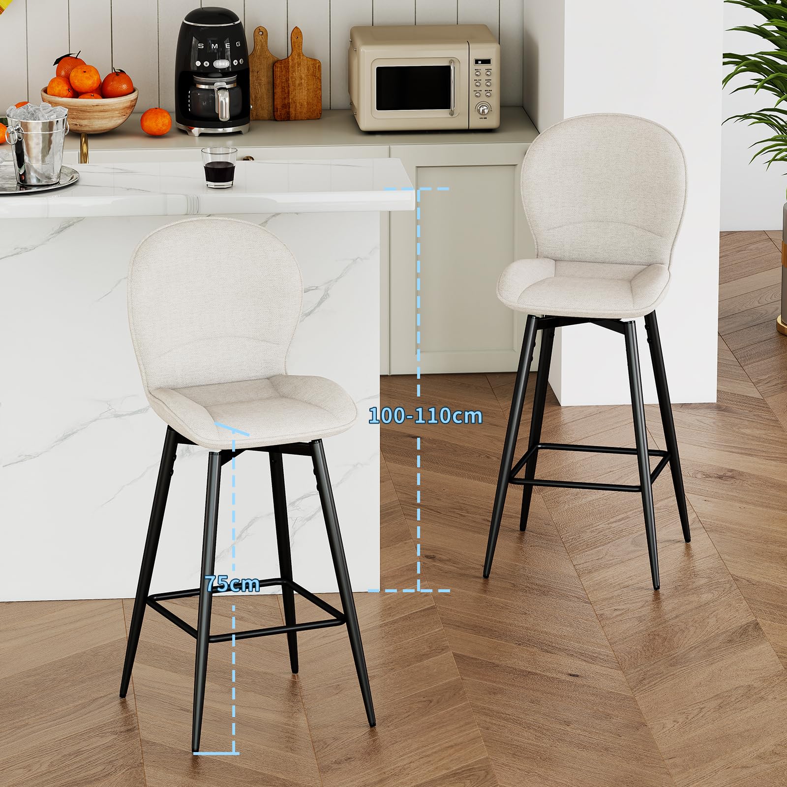 LEWE Juego de 2 Taburetes Altos de Bar, 75 cm Altura del Asiento, Giratorio 360° Sillas Altas de Cocina con Respaldo Acolchado de Tela, Metálica Reposapiés, para Bar, Comedor, Salón-Beige