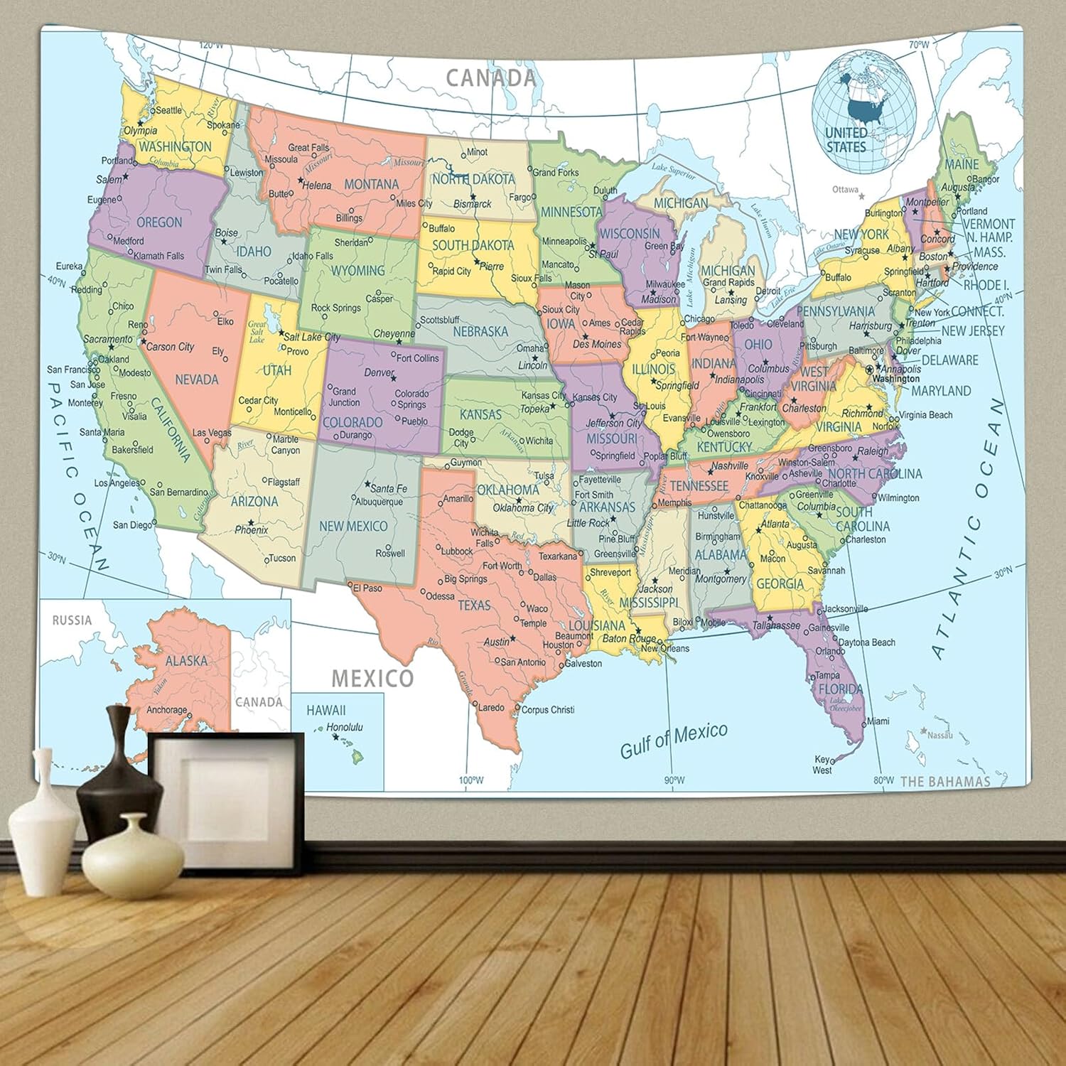 TOMOZ United State Map Tapestry, US Maps Tapestries for Teacher Student, Educational Tapestry Wall Hanging for Classroom Bedroom Living Room Dorm Decor 60 x 51Inch