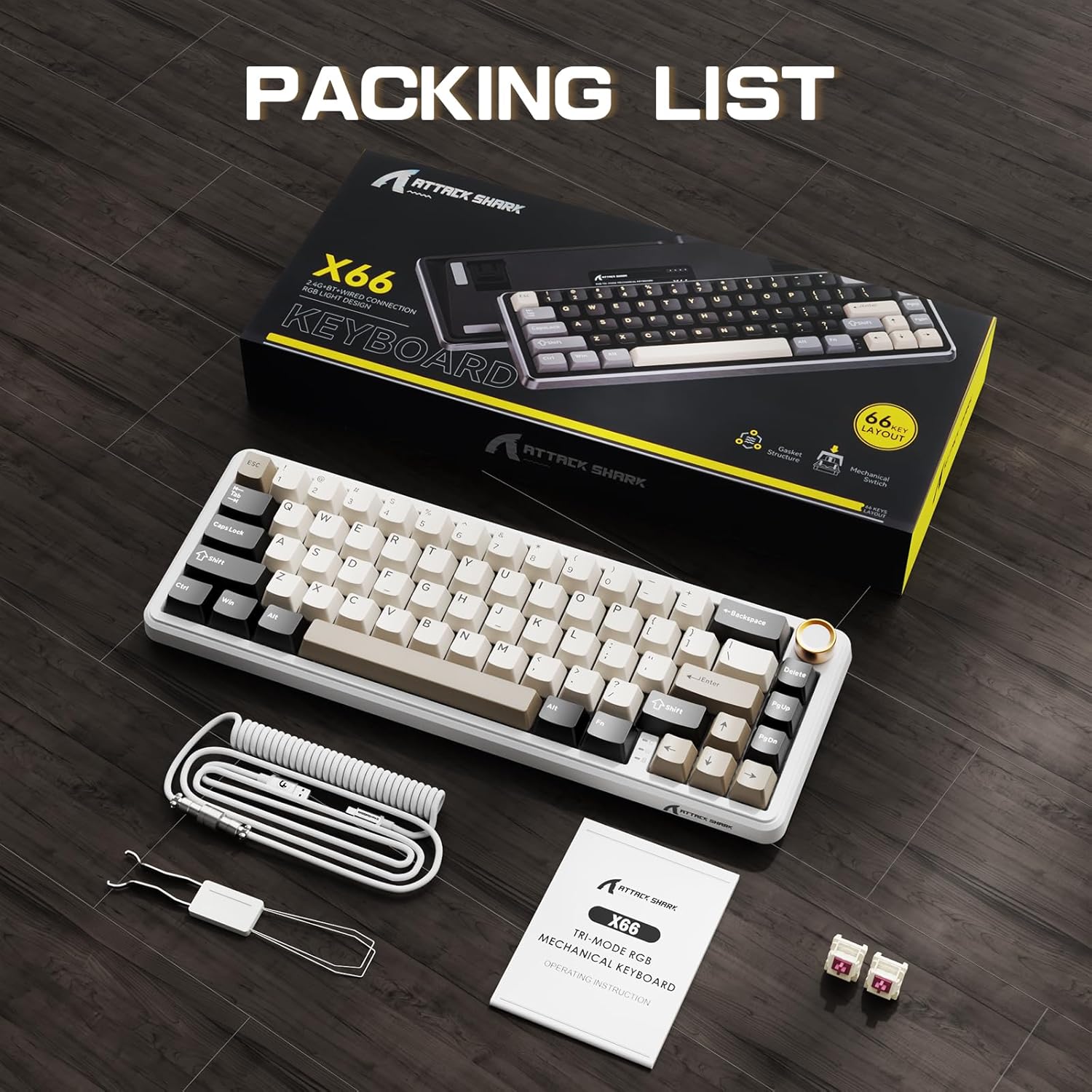 ATTACK SHARK X66 Keyboard and its packaging contents
