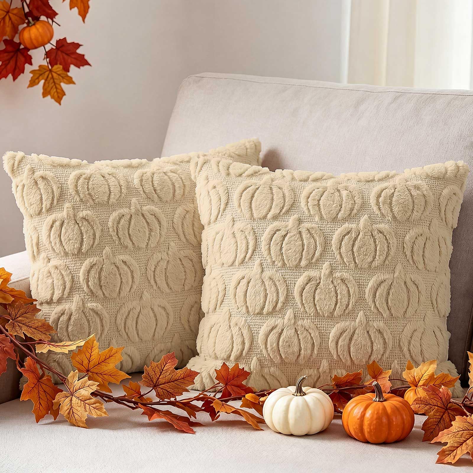 Benjia Fall 24x24 Throw Pillow Covers Set of 2, Autumn Pumpkin Throw Pillow Cases Soft Plush Faux Fur Wool 24 x 24 Autumn Cushion Cover for Indoor Home Bedroom Chair Couch Sofa Decor (Beige)