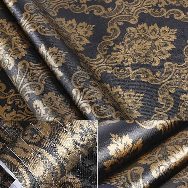 Black Gold Damask Adhesive Sheet Shelf Liner Peel & Stick Dresser Drawer Sticker Wallpaper for Countertop Kitchen Cabinets Wall Table Door Desk 60cm by 200cm