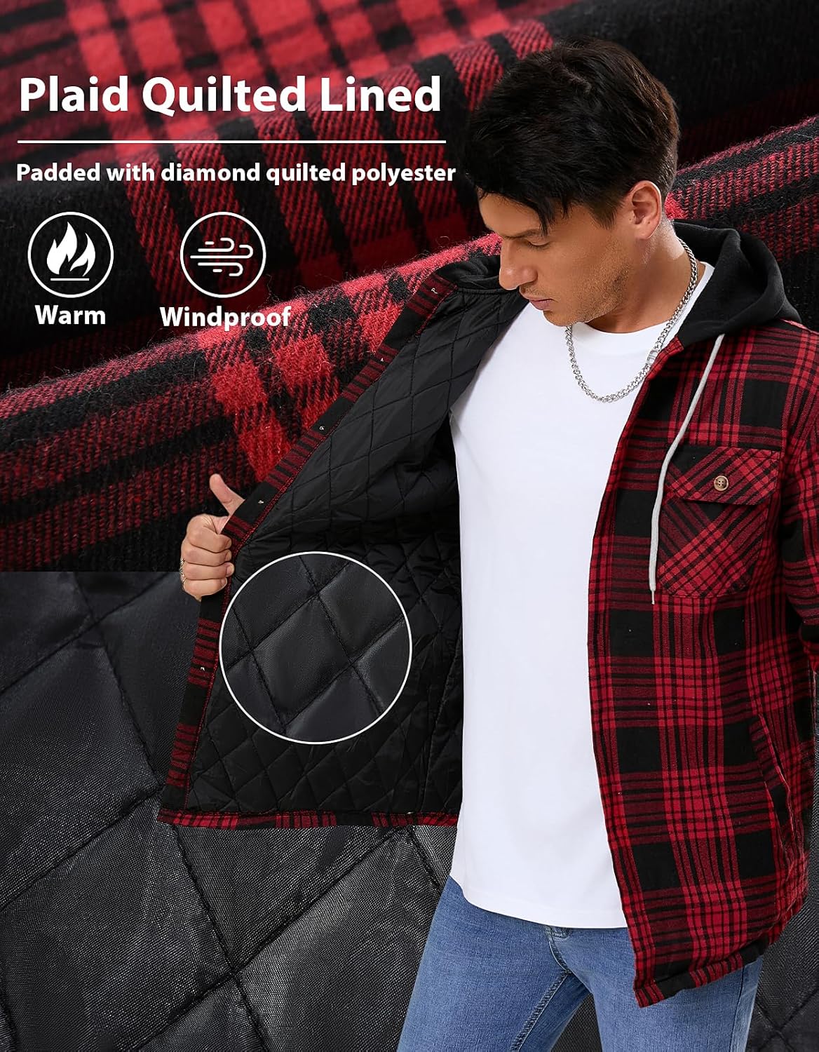 Men's Quilted Lined Flannel Shirt Jacket Button Down Flannel with Hood Lightweight Quilted Jackets for Men - Image 5