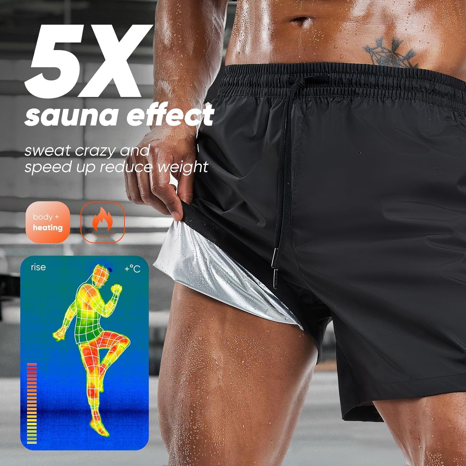 HOTSUIT Pantaloncini da sauna per uomo per lo sport Pantaloni da sauna con tasche per la perdita di peso con il fitness Nero