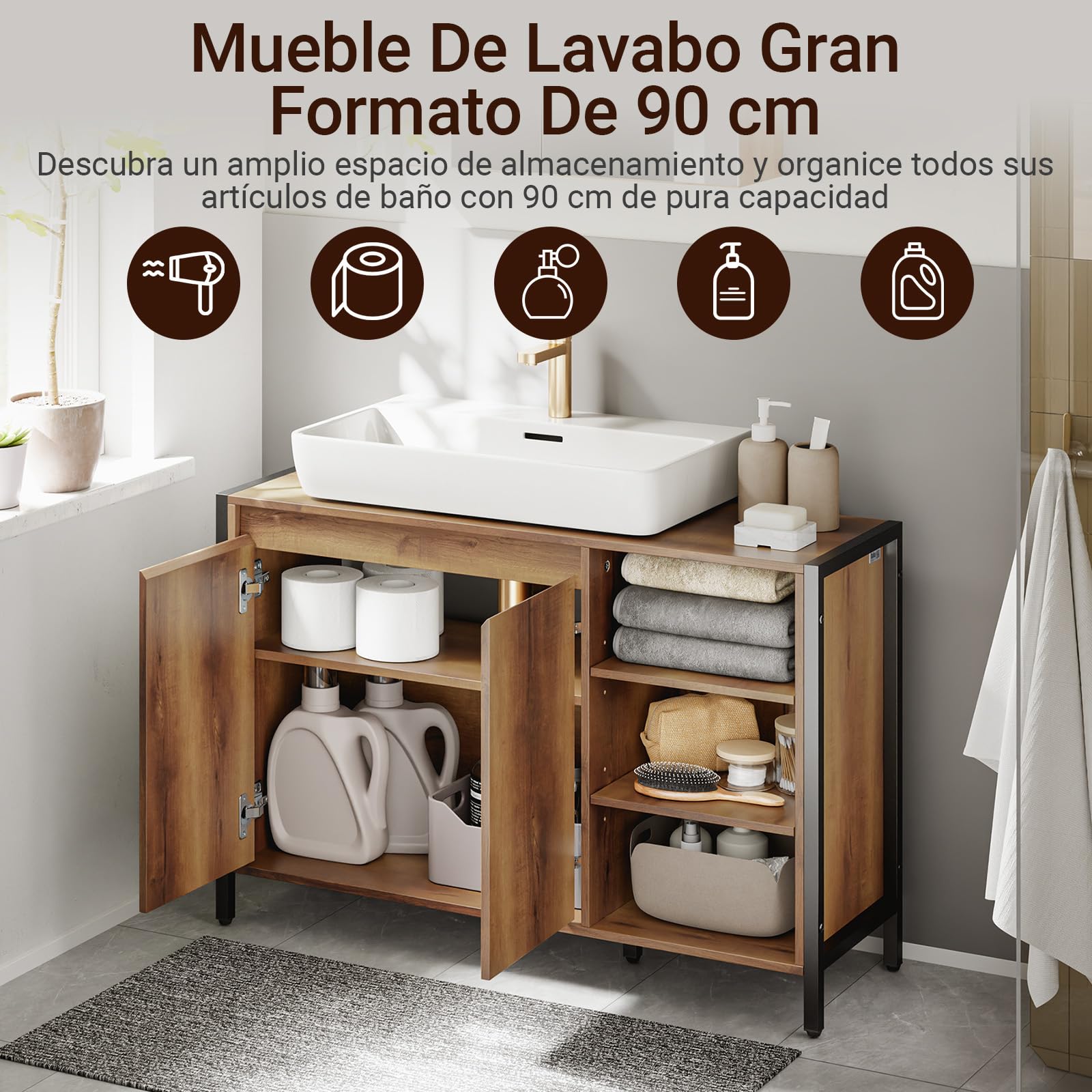 SoBuy Mueble Bajo Lavabo 90cm con Corte para Sifón para Baño | Muebles para Lavabo con Puertas y Estantes Abiertos, Armario Baño Auxiliar Estilo Industrial Madera y Metal BZR63-L-PF