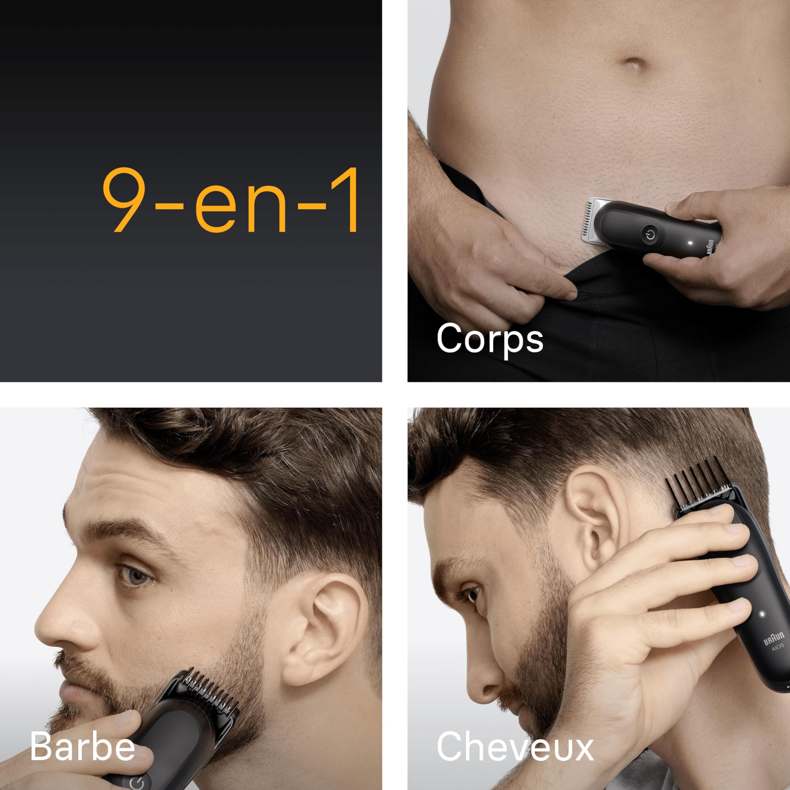 Braun Series 5 AIO5540 9-en-1 Tondeuse Electrique Homme, Noire, Etanche, Batterie Rechargeable, Lame Ultra Affutée, sans Fil, Coffret avec 7 Sabots