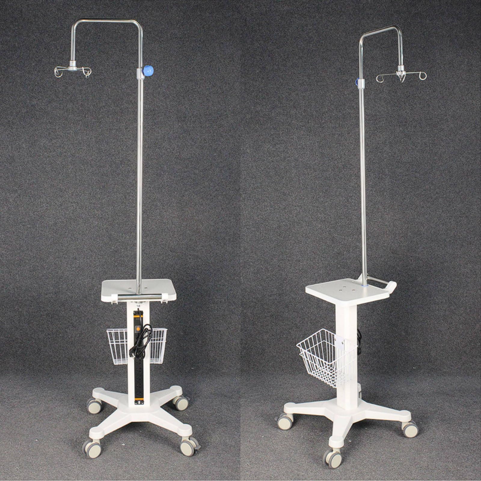 Support de pompe à perfusion multicanal avec plateau et alimentation, support d'établi sur chariot, multiprise 8 prises, panier rangement