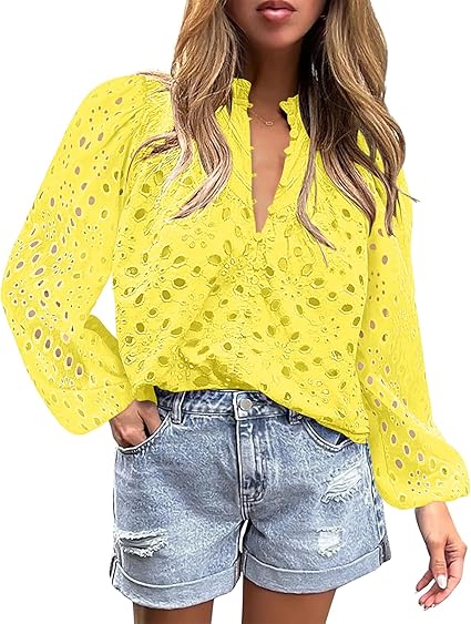BETTE BOUTIK Women's Long Short Sleeve Tops 2025 Dressy Casual Button Hollow Out Lace Embroidered Blouses Shirts