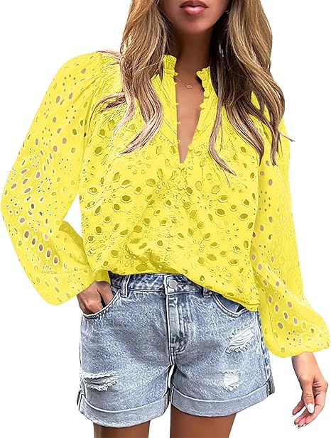 BETTE BOUTIK Women's Long Short Sleeve Tops 2025 Dressy Casual Button Hollow Out Lace Embroidered Blouses Shirts