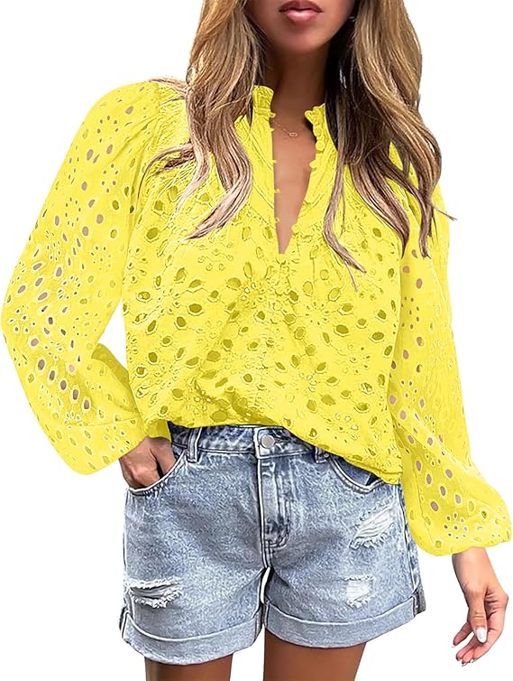 BETTE BOUTIK Women's Long Short Sleeve Tops 2025 Dressy Casual Button Hollow Out Lace Embroidered Blouses Shirts