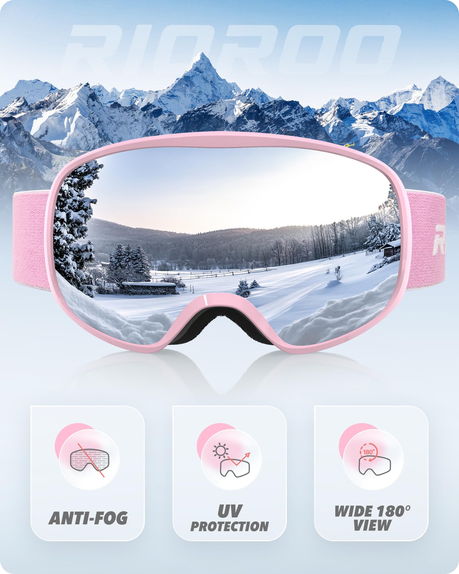 Gogle narciarskie Gogle snowboardowe dla mężczyzn kobiet dorosłych młodzieży, okulary OTG/100% ochrona przed promieniowaniem UV/przeciwmgielne/szerokie widzenie
