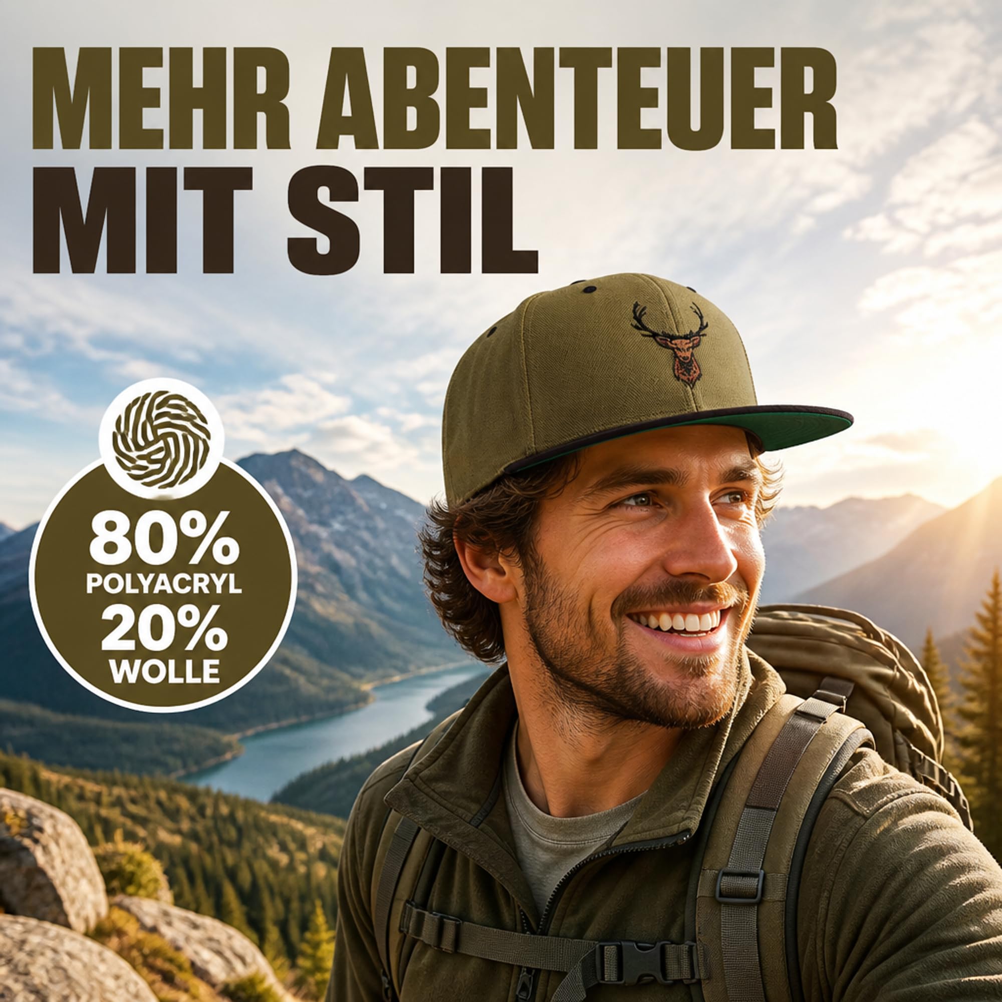 Cap Flexfit Snapback : Hirsch-Kopf - Outdoor Cap - Cappi für Naturliebhaber Herren & Damen Baseball Cap Kappe Mütze Outdoor Jäger Jagd Ausrüstung Wander Zubehör