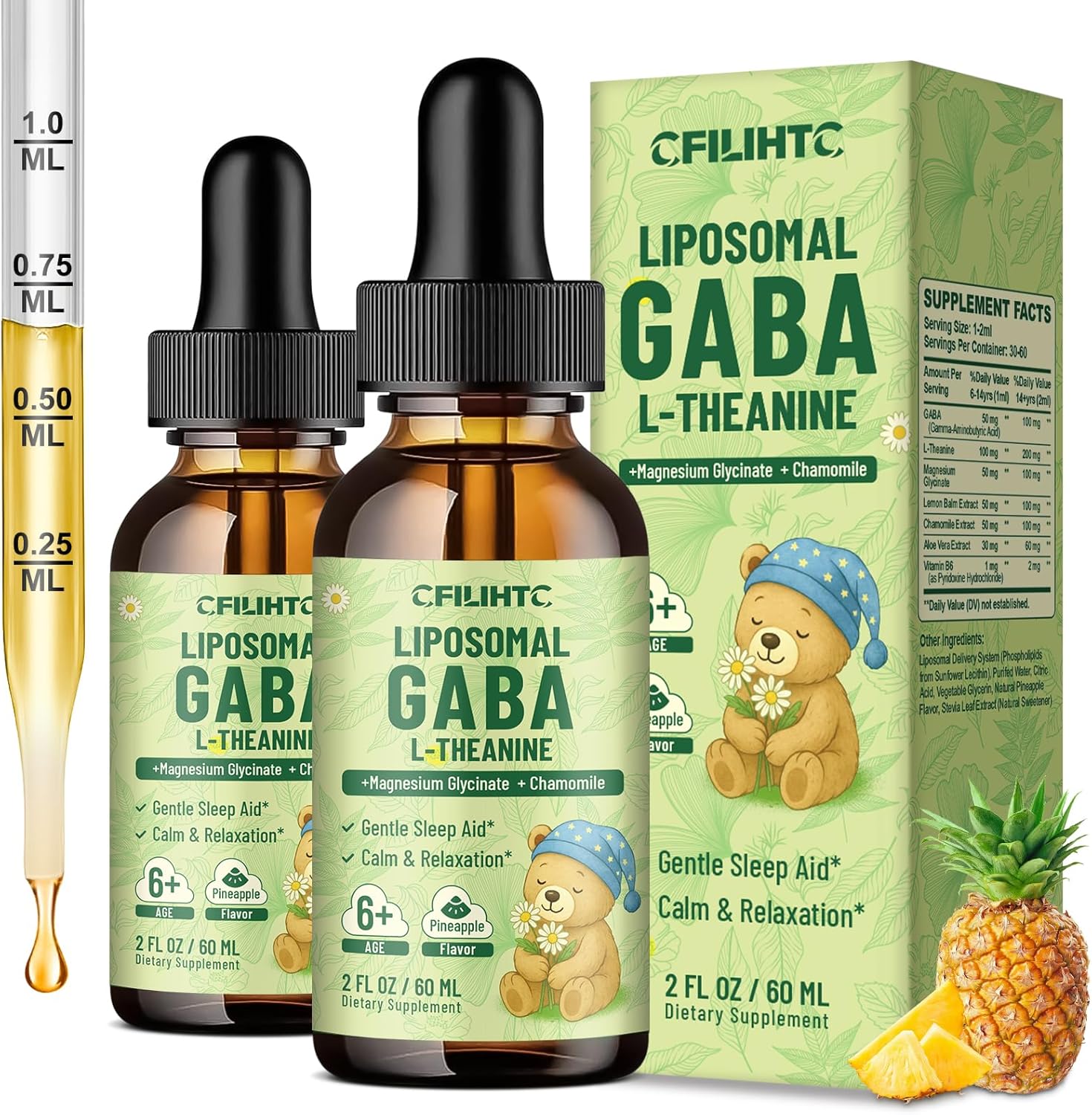 2 Pack Liposomal GABA L-Theanine Drops for Kids - Liquid GABA Supplement with Magnesium, Chamomile, Lemon Balm & Vitamin B6 - Support Relaxation, Focus & Stress Relief for Kids & Adults - Pineapple