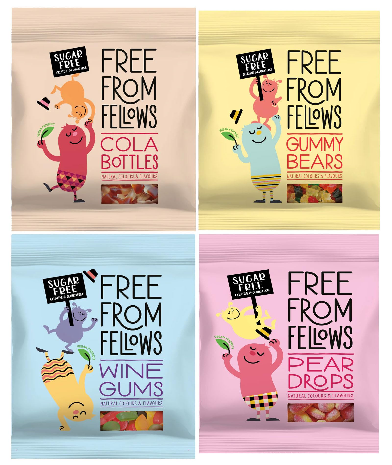 Sugar Free Sweets Vegan 4x70g - Free From Fellows Gummy Bears Cola Bottles Wine Gums Pear Drops - Gluten Free Vegetarian Gummy Candy Bulk Sweets Variety Pack - Plus Cheeroo Magnet