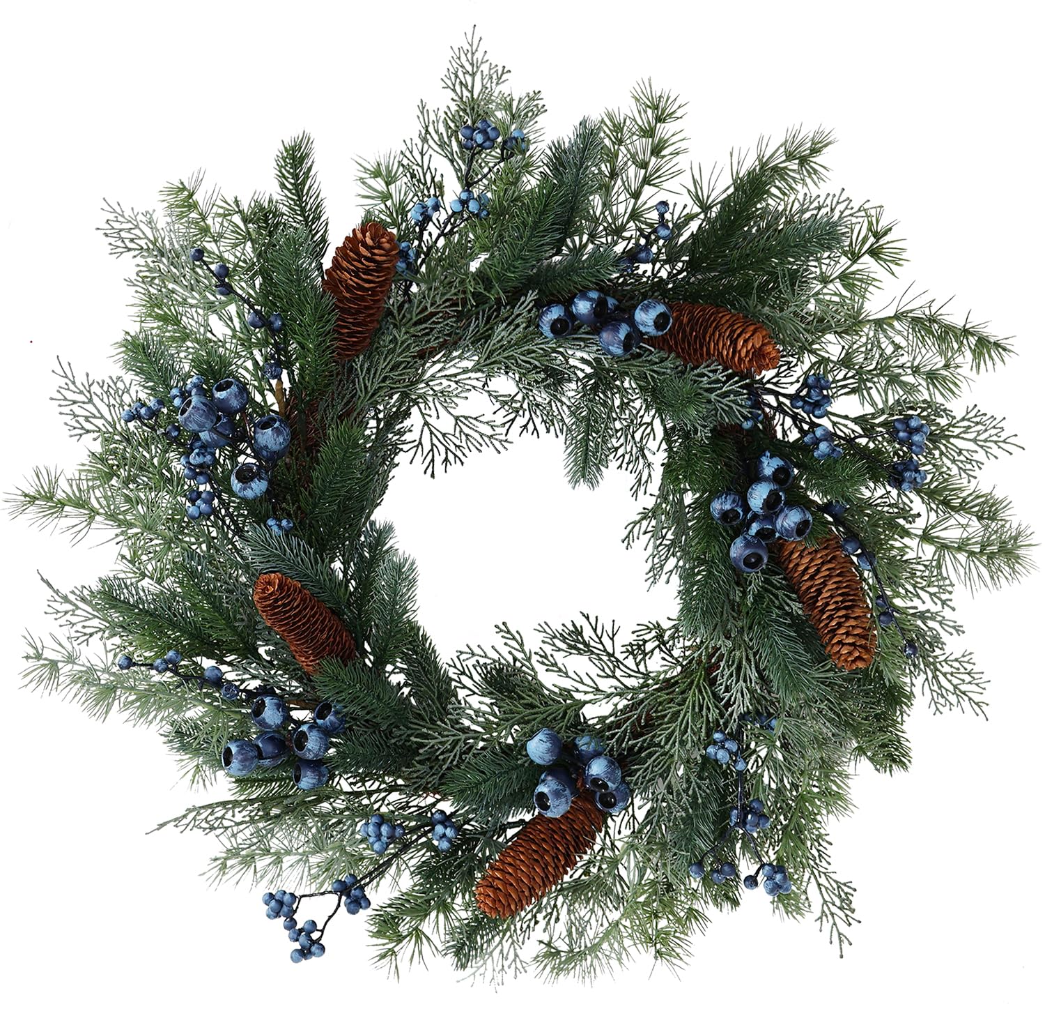 Corona de invierno de pino de bayas azules de 61 cm con cedro de ciprés Norfolk y piña, coronas de Navidad artificiales para puerta delantera, porche, pared, ventana, porche, chimenea