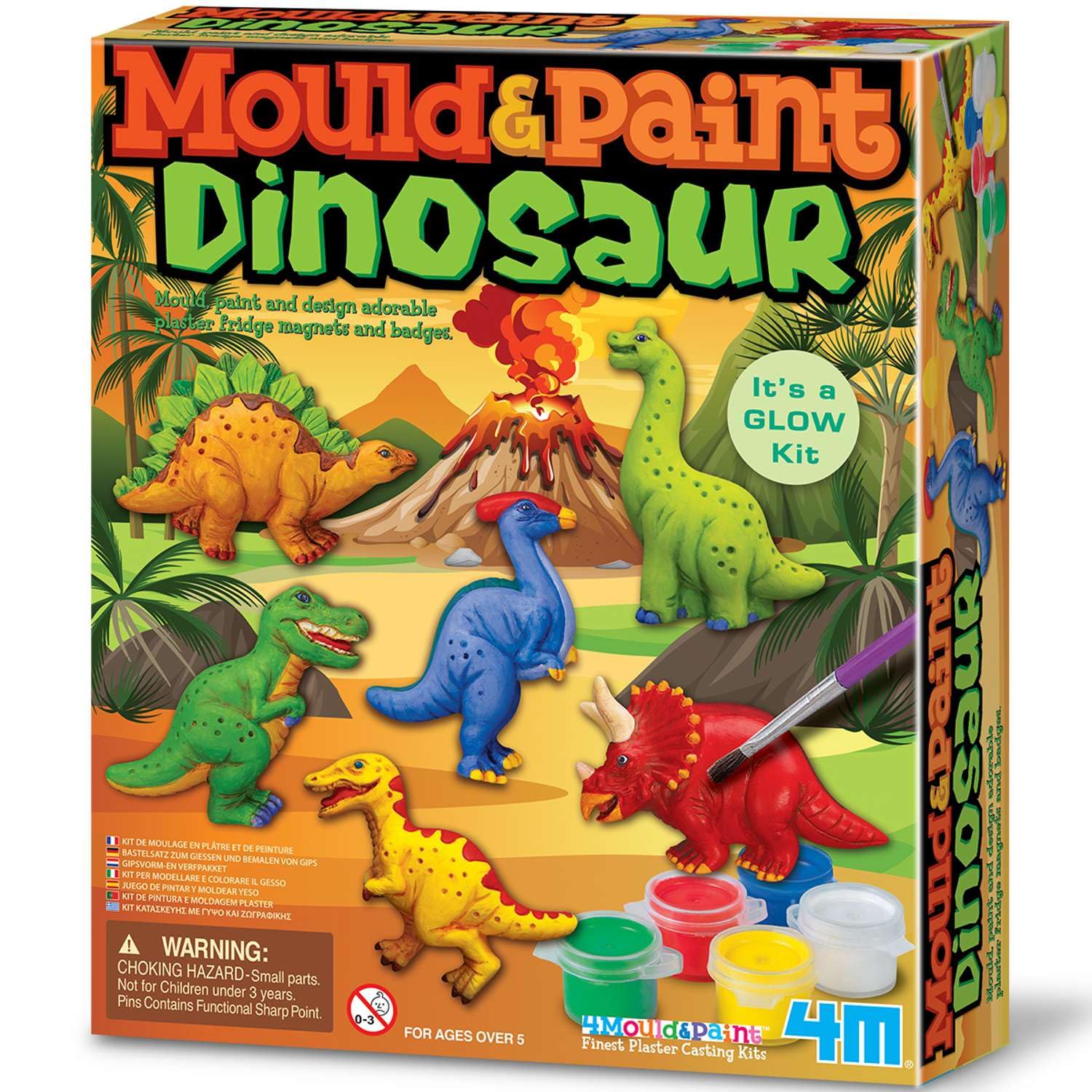 4M Mould & Paint Dinosaur Kit – DIY Plaster Cast Dinosaur Magnets & Badges for Kids Ages 5+ | Includes Glow, Paints, Magnets & Badge Pins | STEM Craft Activity Kit