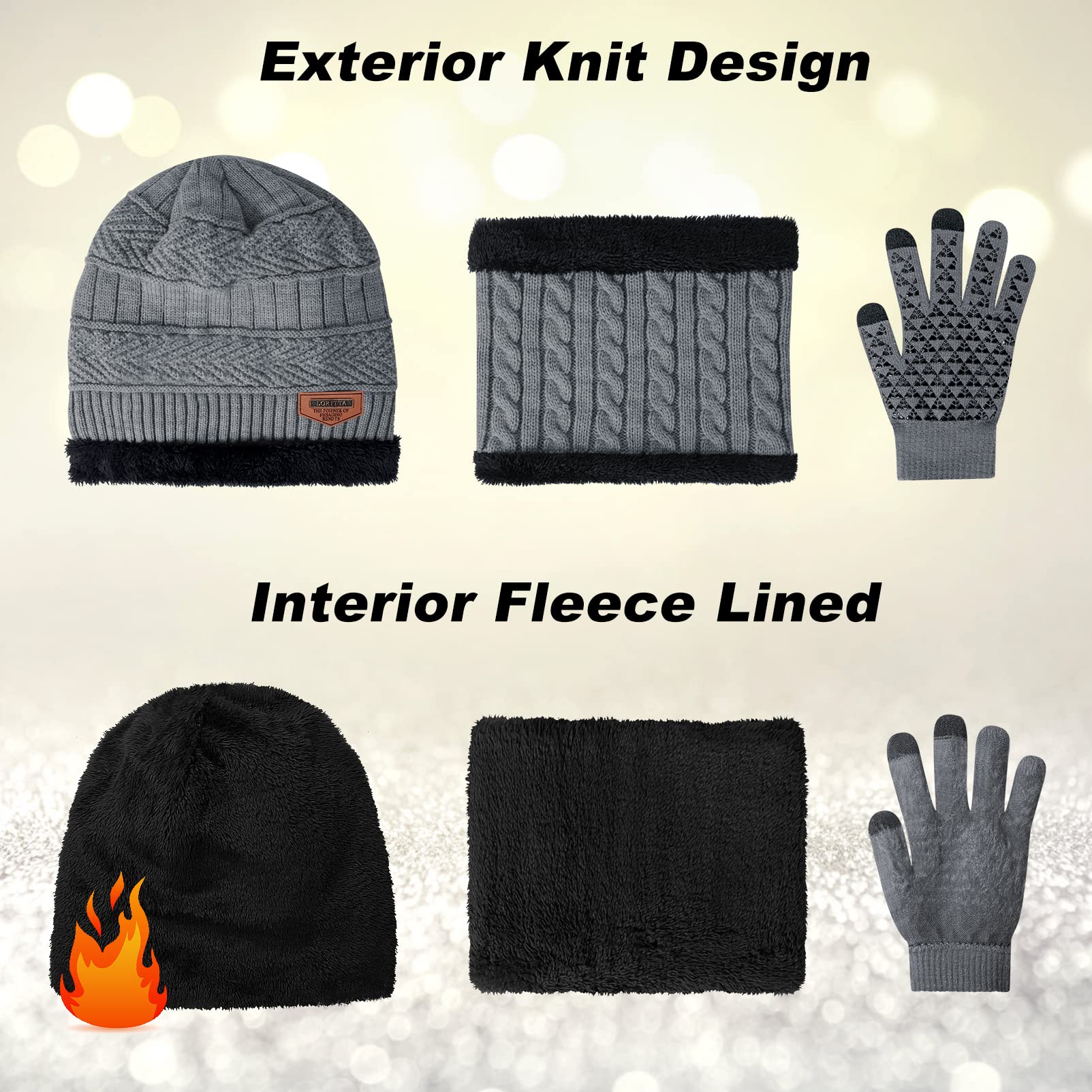 Juego de gorros, bufandas, guantes de invierno, gruesos, cálidos, holgados, gorro de punto, gorro de calavera, calentador de cuello para hombres y mujeres, Juego de bufanda y gorro, gris, talla única