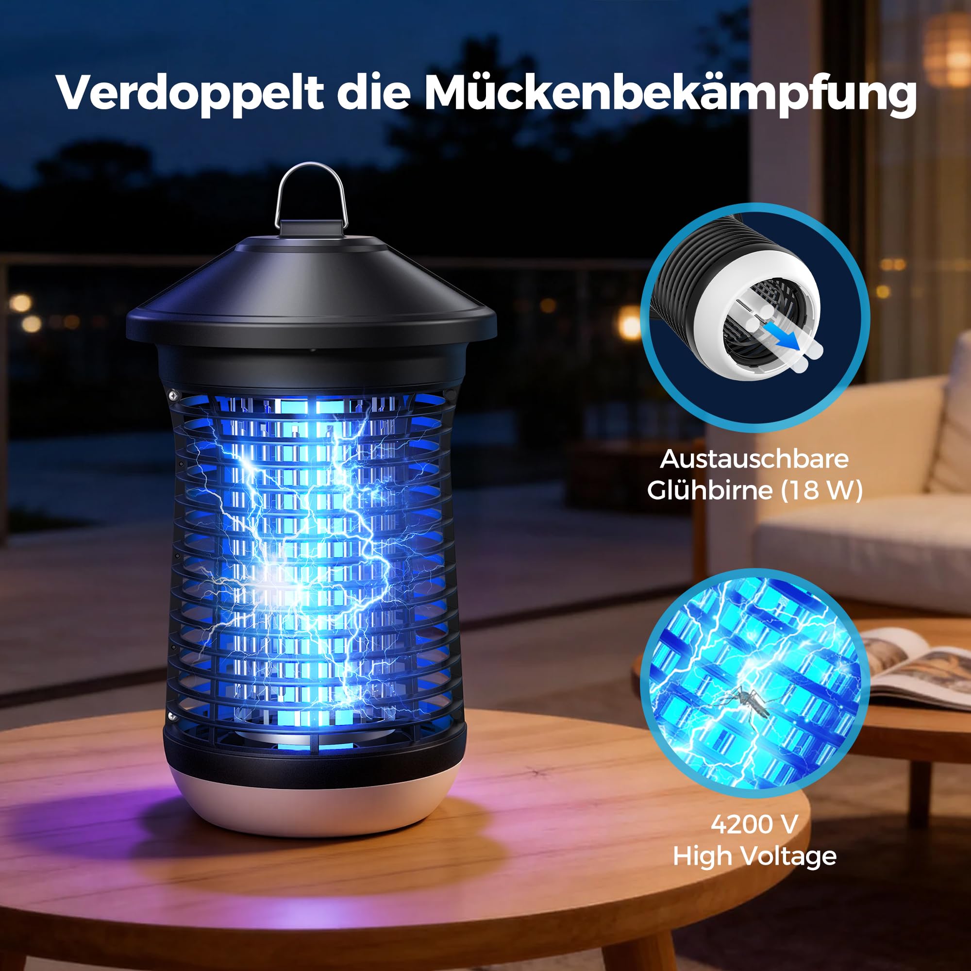 Mowend Elektryczna pułapka na owady, 4200 V, 18 W, lampa na komary UV, do użytku wewnątrz i na zewnątrz, kabel 1,5 m, pułapka na muchy owocówki, elektryczna