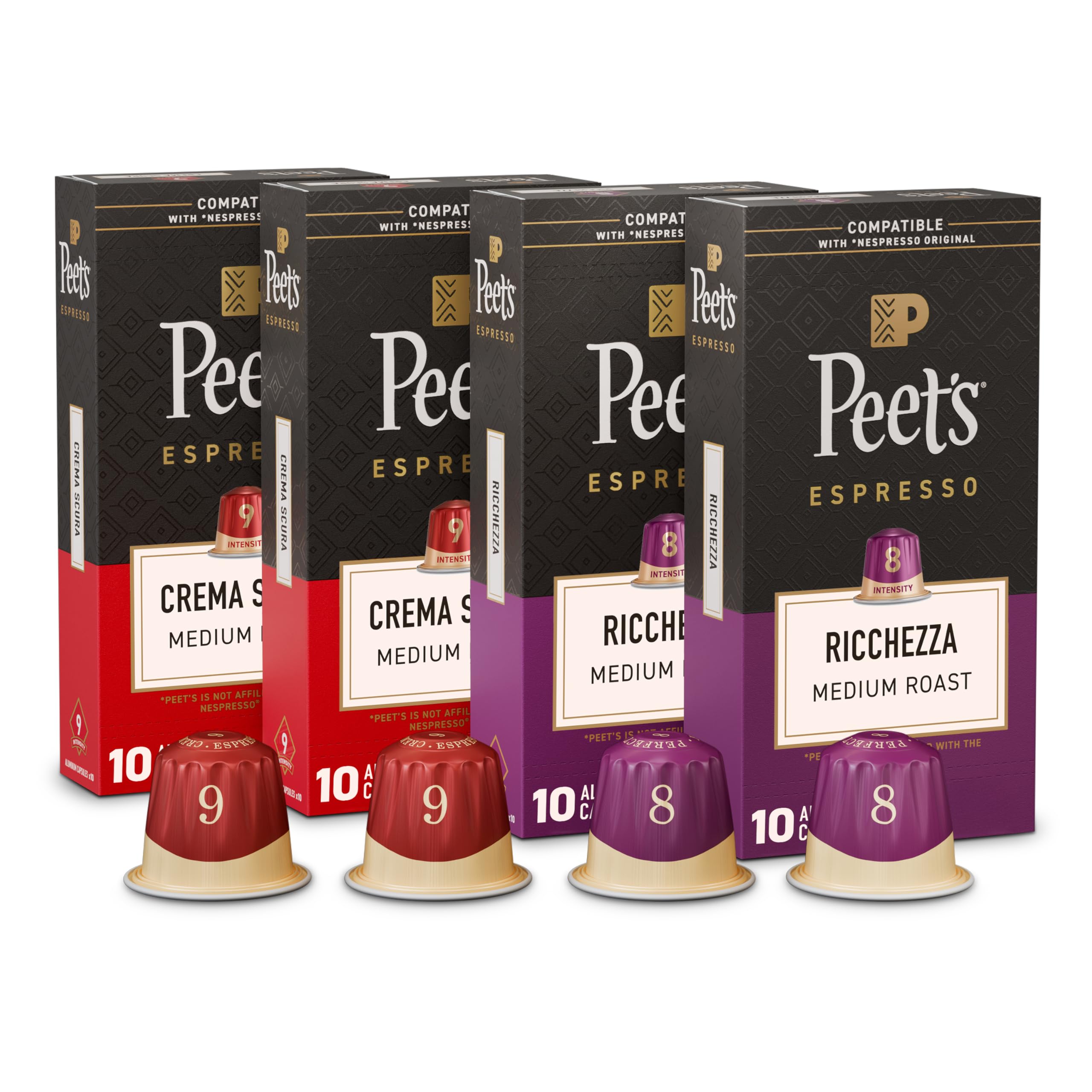 Peet's Coffee, Medium Roast Espresso Capsules Variety Pack, Compatible with Nespresso Original Machine, 100% Arabica Coffee - Intensity 8-9, 40 Count