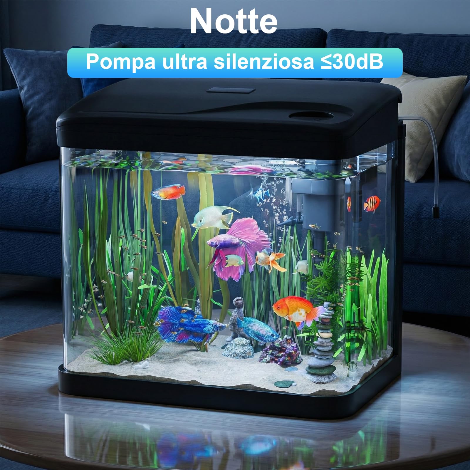 Acquario in Vetro Acquario Completo Acquarios Per Pesci Rossi,con Illuminazione a LED e Sistema di Filtraggio,15 Litri,Nero,Set Per Principianti