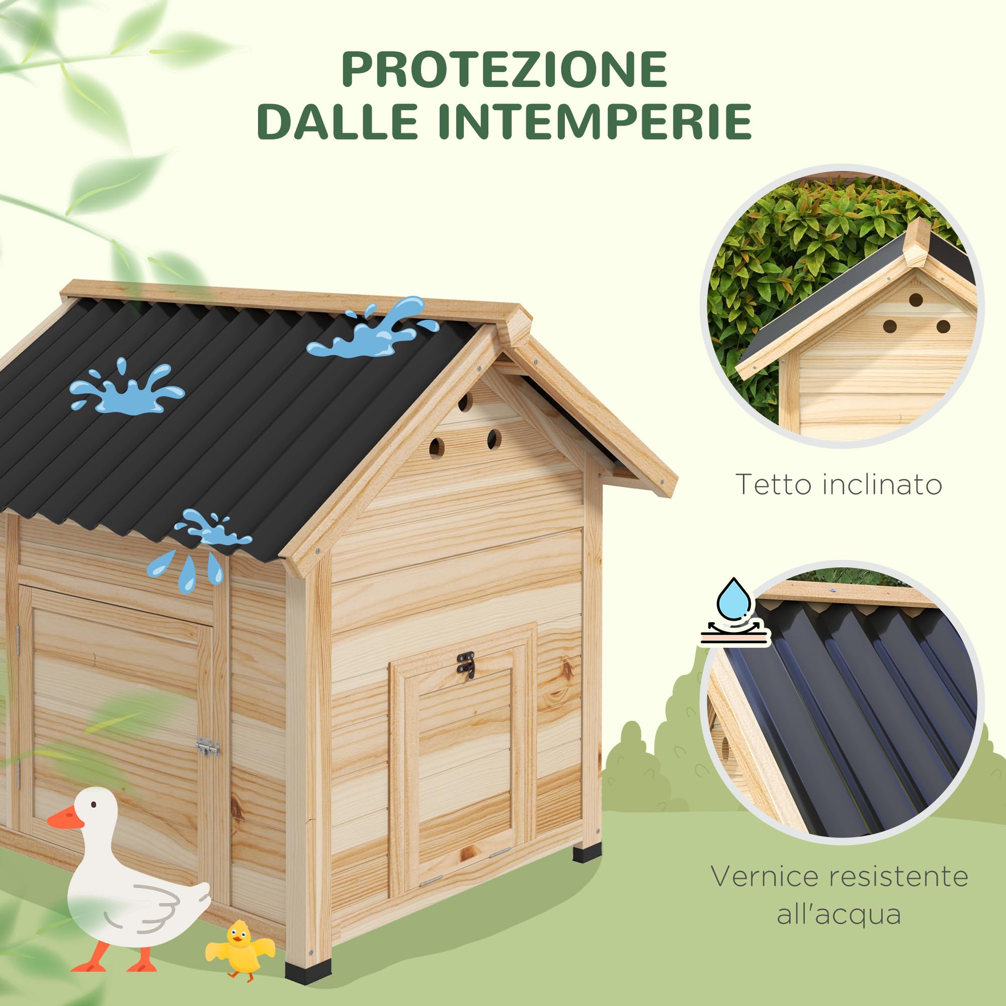 PawHut Casetta per Anatre da Esterno, Stia per Anatre con Rampa, Fondo Rimovibile, Tetto Spiovente e Fori di Ventilazione, 78x90x92 cm, Legno