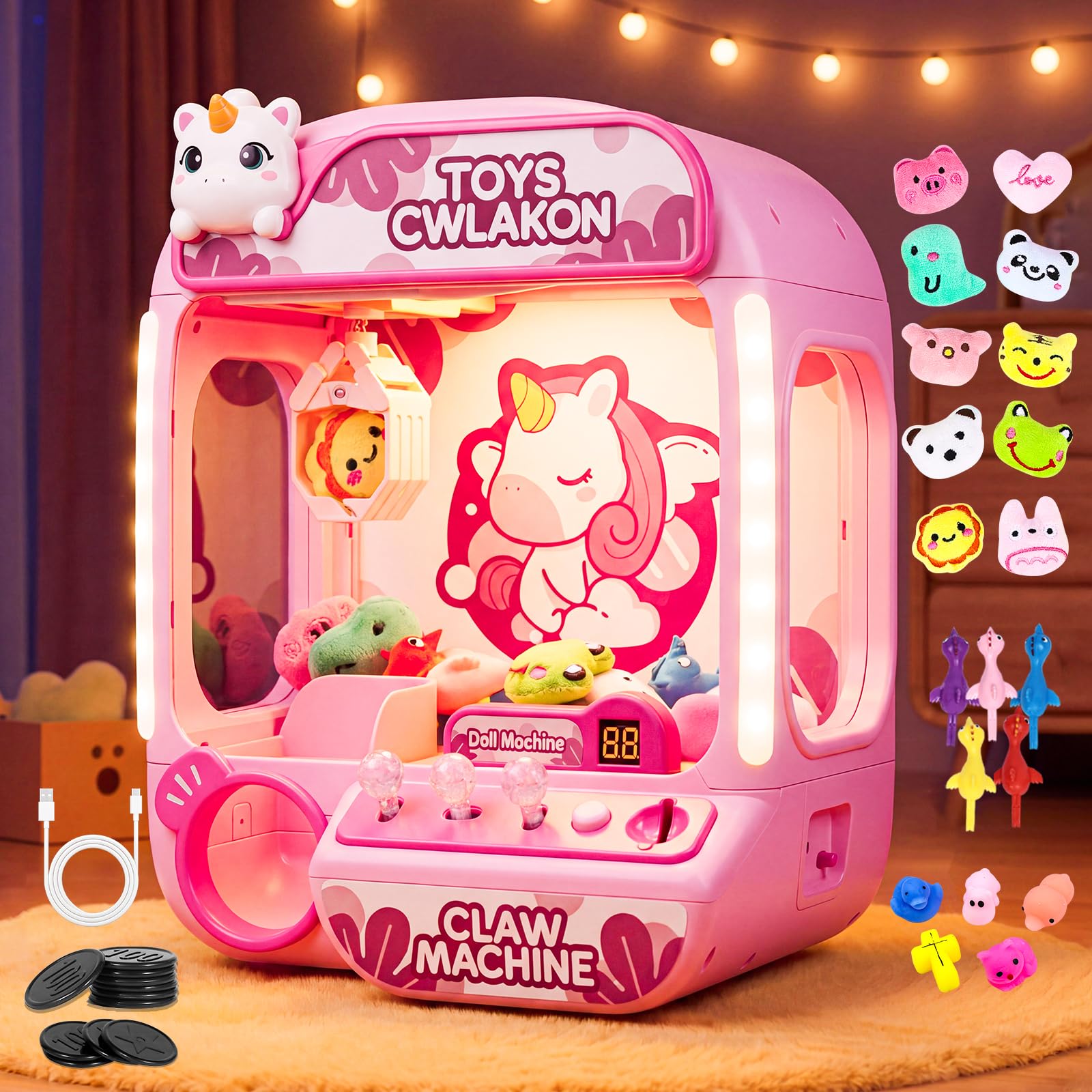 Claw Machine for Kids Girl Unicorn Toys with Light, Music Volume Control & 20 Prize, Candy Grabber Catching Machine Mini Vending Sweet Dispenser Arcade Games for Girls Boys Christmas Birthday Gift