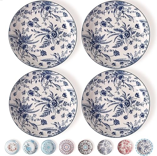 Artena Pasta Bowls Set Of 4, 26oz Porcelain Salad Bowls, 8 Inch Bowls For Kitchen, Colorful Dinner Plates, Serving Bowls For Entertaining, Shallow