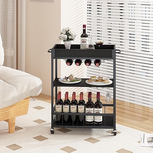 Miniatura 5 de Azheruol Carro de servicio para bar con soporte para vino de 3 niveles, carrito móvil para el hogar, con ruedas, carrito de cocina industrial de