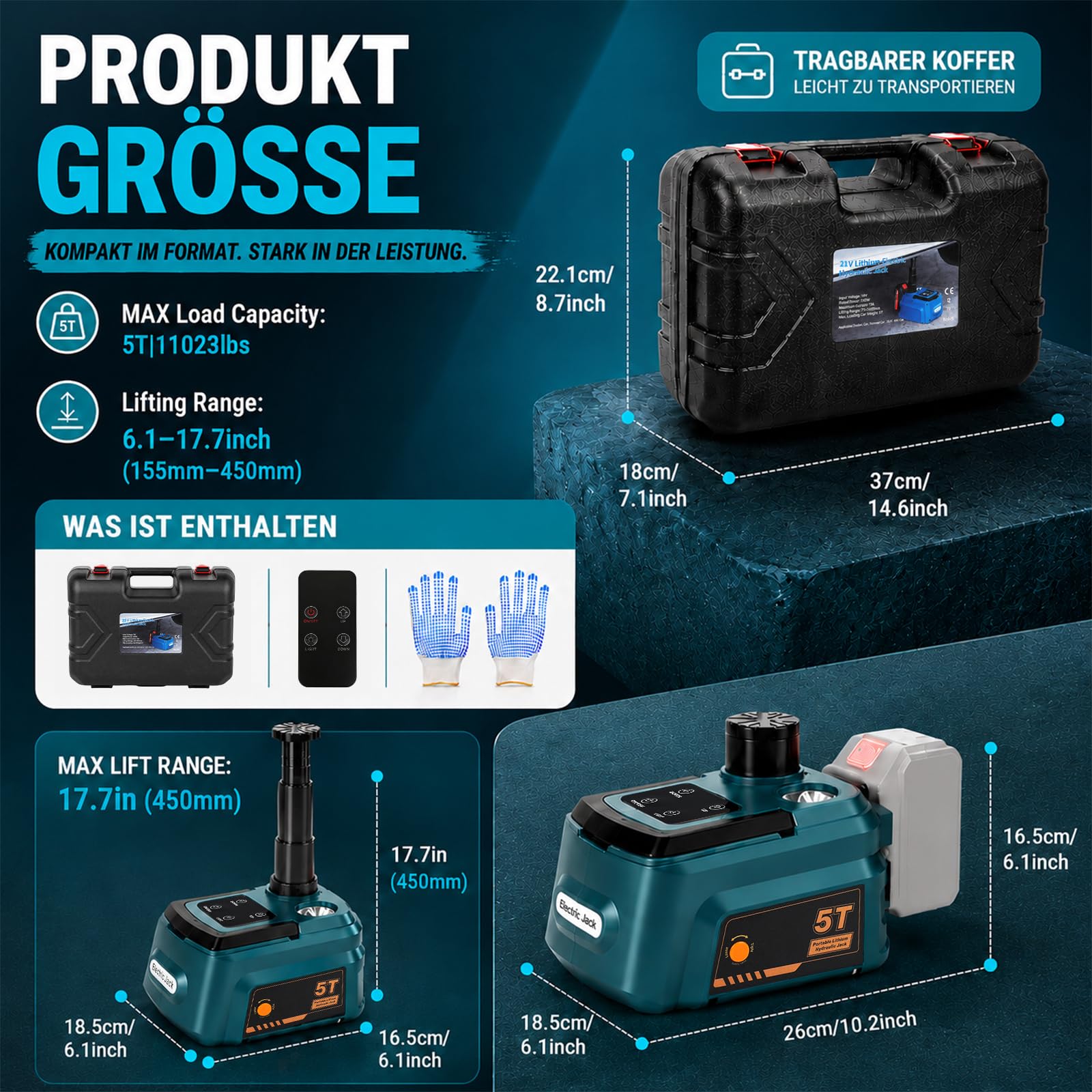 Elektrischer hydraulischer Wagenheber 5 t für Makita 18-V-Akkus, 15,5–45 cm Hubhöhe, Wagenheber für Auto, SUV, MPV Reifenwechse & Garagenreparatur (ohne Akku)