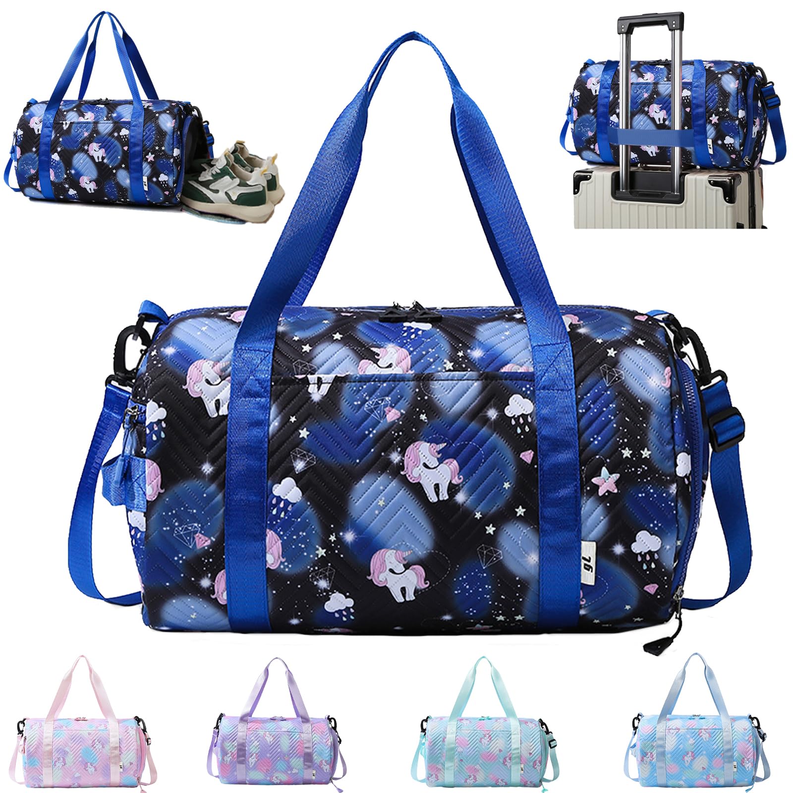 YOUYIKE Small Gym Bag for Girls, Unicorn Travel Bags, Swim with Shoes Compartment & Waterproof Pocket, Waterproof Dance Bag, for Girls Fitness Workout, Travel, Dance, Ballet, Swim, Black