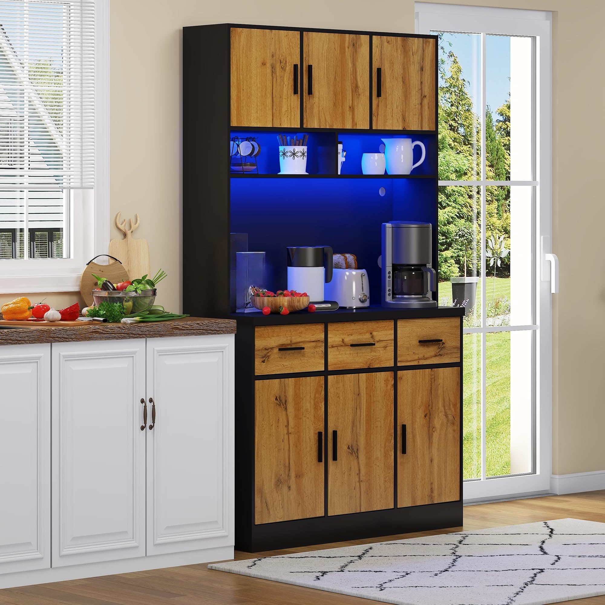 LAKFEW Alacena de Cocina con Enchufe y Iluminación LED, Armario Cocina con 6 Puertas y 3 Cajones, Alacena Cocina con Estantes Ajustables y Dispositivo Antivuelco, 100x40x180 cm, Negro+Natural