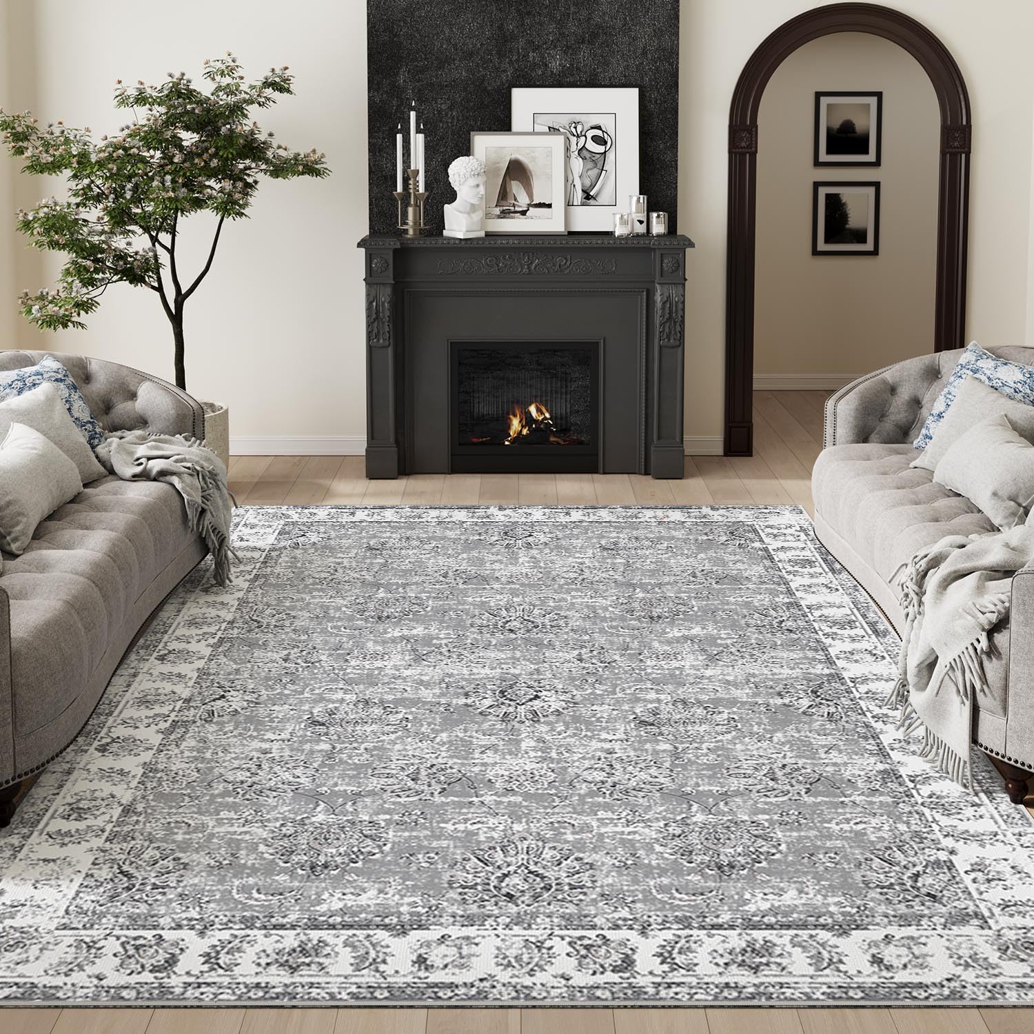jinchan Washable Area Rug 8x10 Low Pile - Living Room Rug Grey Floral Print Stain Resistant Large Rug Indoor Distressed Boho Carpet Ultra-Thin Non-Slip Rug Bedroom Dining Room Office Farmhouse