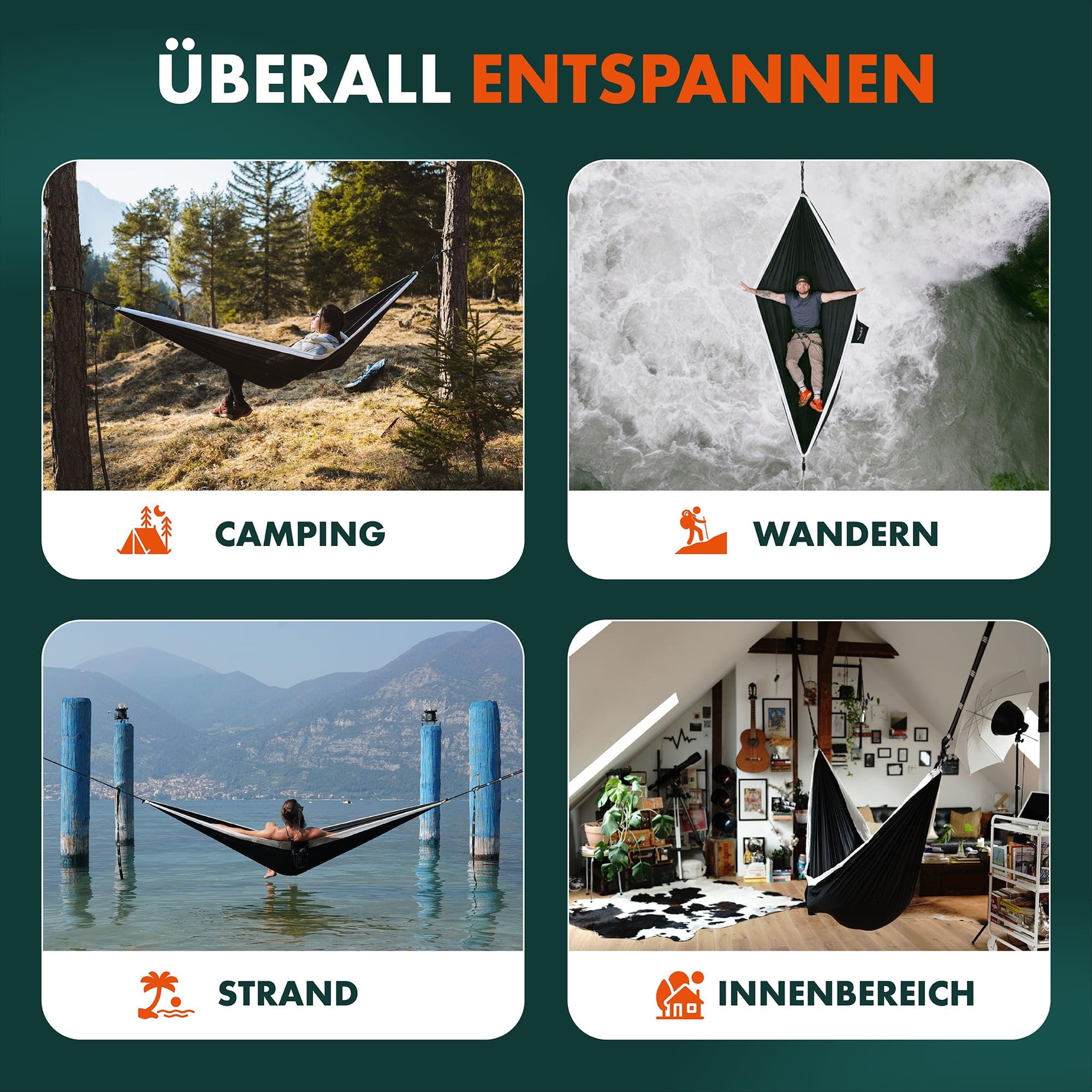 HÄNG XXL Hängematte 300 x 170 cm Outdoor - Wetterfest & Ultraleicht (850 g), 200 kg Belastbarkeit - für 2 Personen aus Fallschirmseide für Camping, Reise & Garten inkl. Befestigungsset