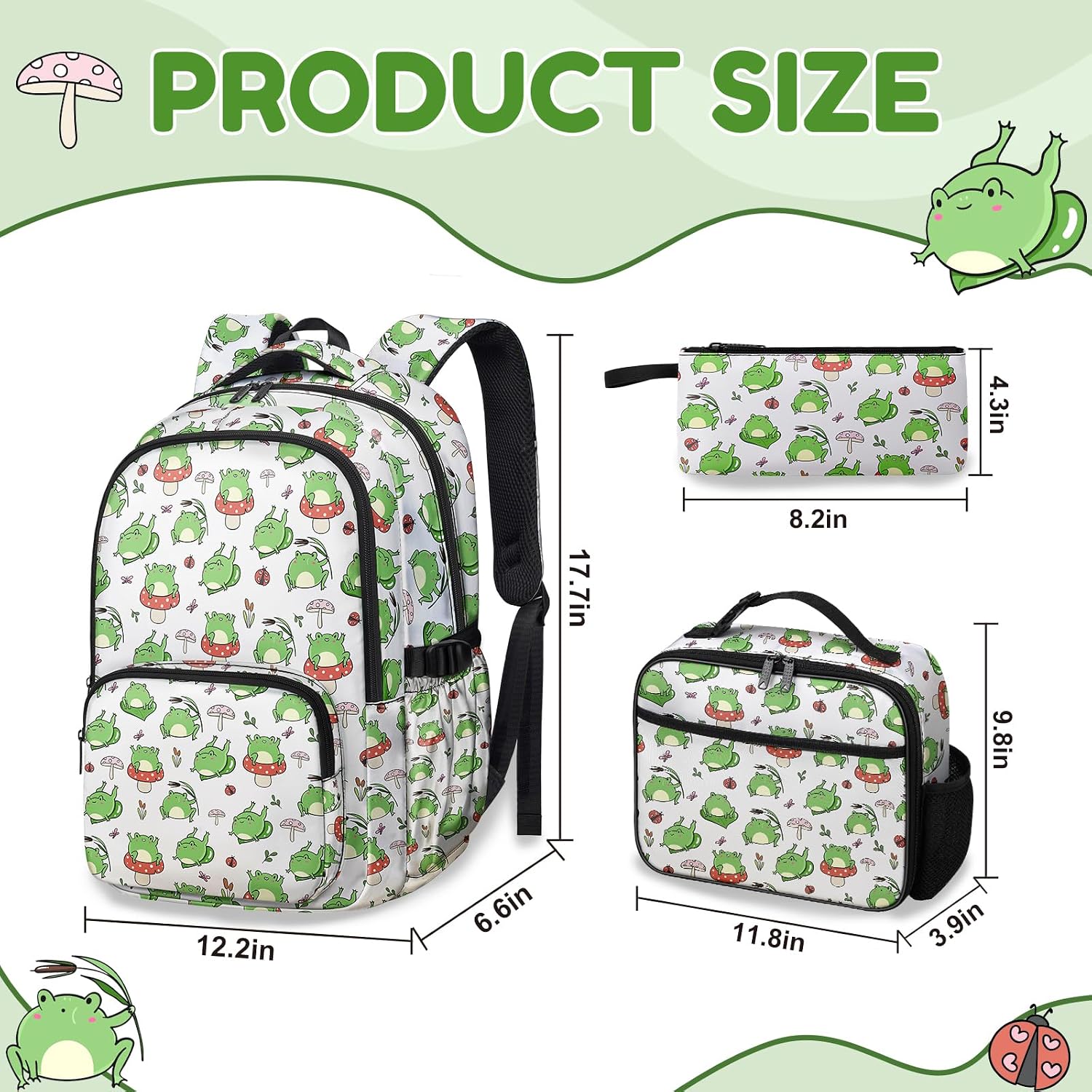Frog Backpack Set for Boys Girls, Kids Frog Backpack for School with Lunch Box Pencil Bag, Cute School Bag with Keychain for Elementary Students - view 3