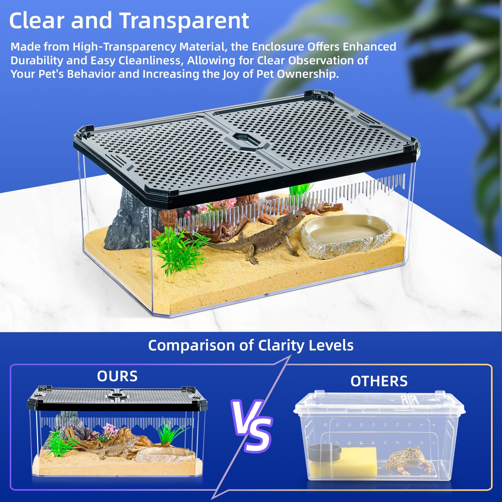 Terrario de alta transparencia para reptiles e insectos con puerta magnética, excelente ventilación, fácil limpieza y construcción fuerte y duradera para geco, tarántula, cangrejo ermitaño (9.3 x 6.2
