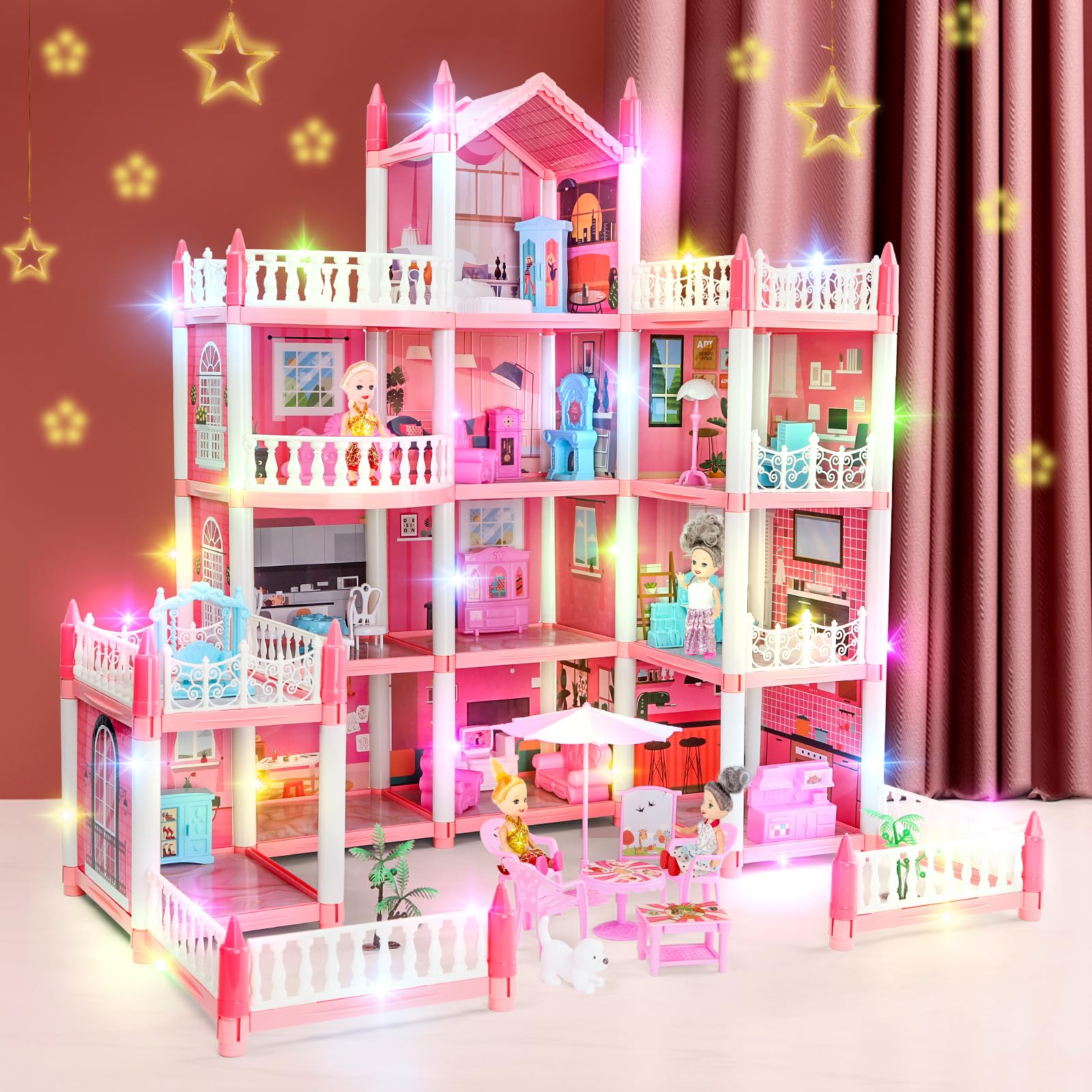 Casa de Muñecas para Niñas, 11 Habitaciones de 4 Pisos con 4 Muñecas y Accesorios de Mobiliario y Luces Intermitentes, Casa de Muñecas Princesa Juguetes Regalo para 3 4 5 6 7 8 Años de Edad