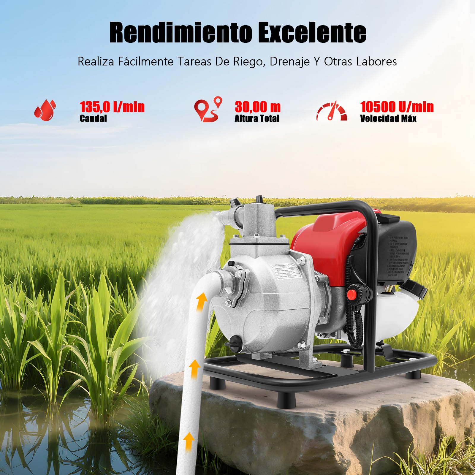 Bomba de agua de gasolina de 1 pulgada con motor de 4 tiempos de 1,2 kW, capacidad de extracción de 8100 l/h, altura de agua de aspiración de 8 m, autoaspiración de 3 m, bomba de agua sucia