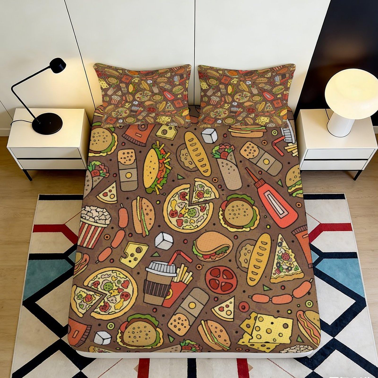 3D Printed Fast Food Fitted Sheet Microfiber Soft Cartoon Snack Bed Cover for Bedroom Dorm Mattress Protection Decor 90x200x25cm