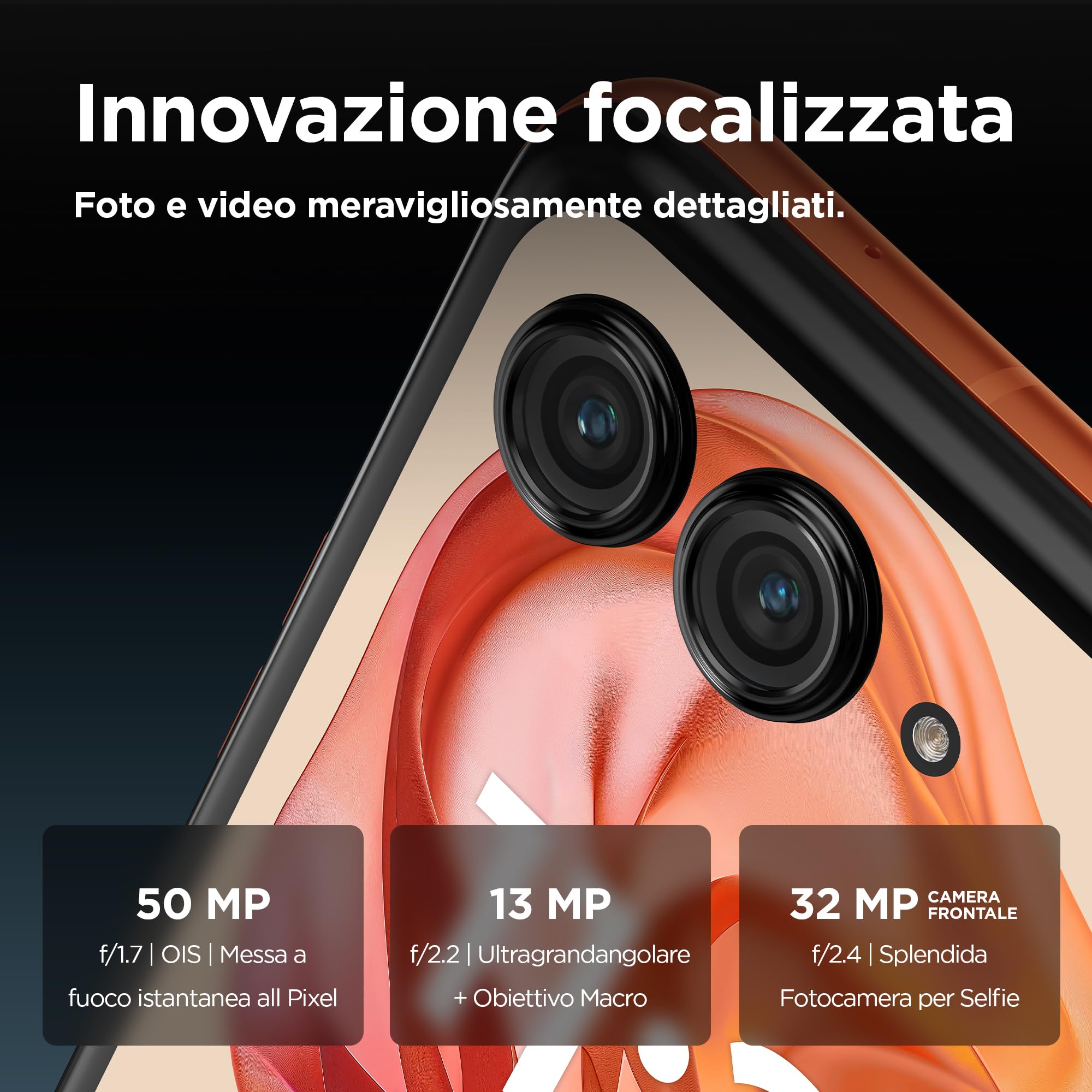 Motorola Razr 50 (8/256GB, AI, display esterno 3.6” pOLED, interno 6.9" pOLED, 50+13MP, selfie 32MP, MediaTek Dimensity 7300X, 4200mAh, ricarica 33W wireless 15W, Dual SIM, Android 14) Spritz Orange