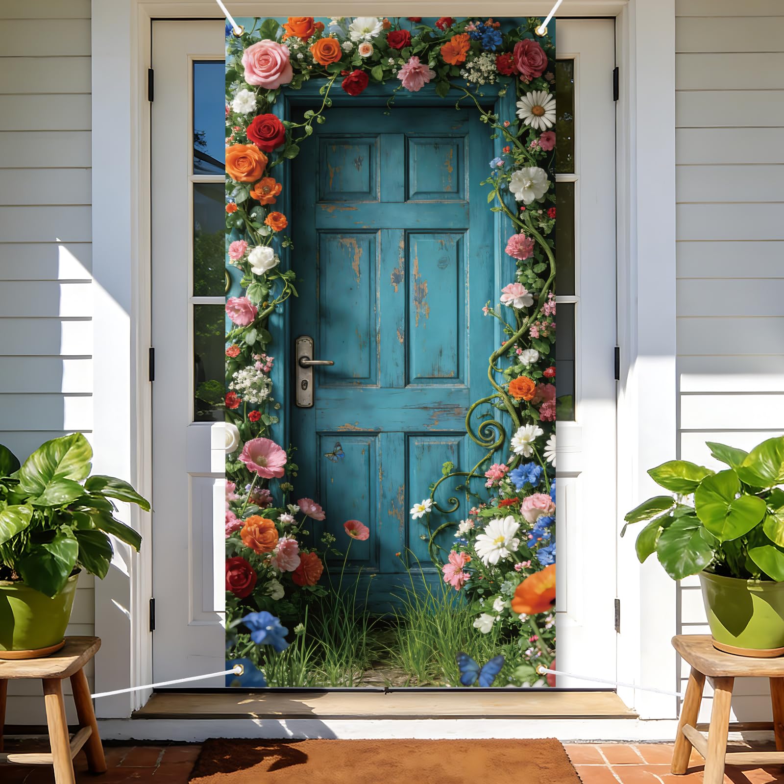 arricraft 1 Pc Flower Gate Polyester Door Cover, 72.83"x35.43" Flower Retro Blue Gate Backdrop Banner Door Porch Sign Photography Background for Party Porch Home Decor Accessories