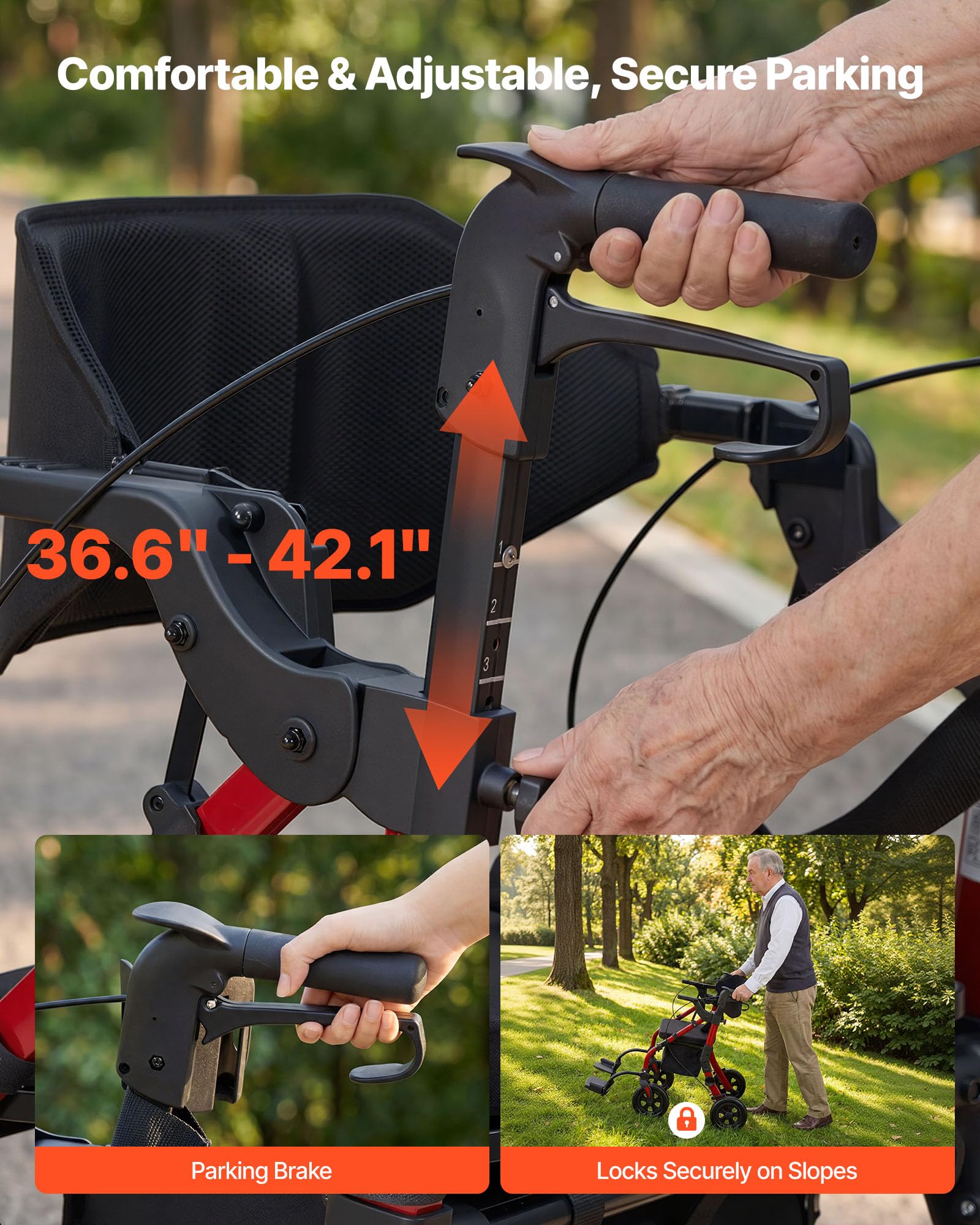 VEVOR Andador para Ancianos 2 en 1 con Asiento Soporta 136 kg, Ruedas de 25,4 cm, Silla de Transporte Plegable de Aleación de Aluminio, Reposabrazos Ajustable para Compras Exterior Personas Mayores