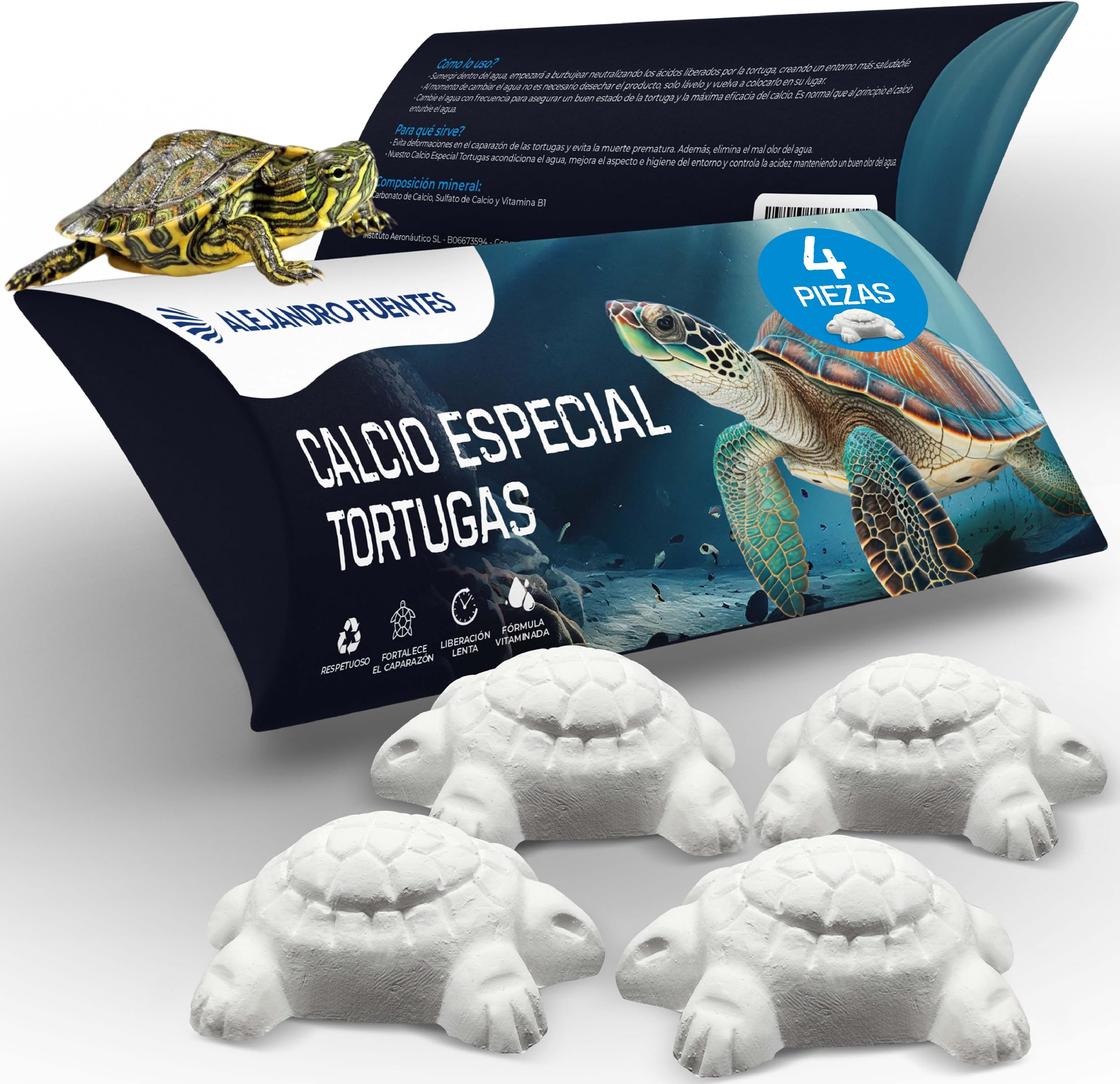 AF® - 4 Pcs Calcio Tortugas de Agua, 4 Pack Calcio Tortugas para Fortalecer el Caparazón | Libera el Calcio Lentamente, Evita el Mal Olor, Formula Vitaminada